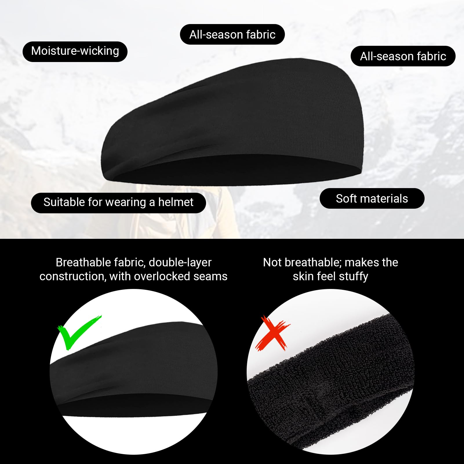 2 Pezzi Fascia Sportiva Donna Uomo, Antiscivolo e Traspiranti, Fascia Elastica per Allenamento per Fitness, Ciclismo, Corsa, Escursionismo e Yoga (Nero) - 4