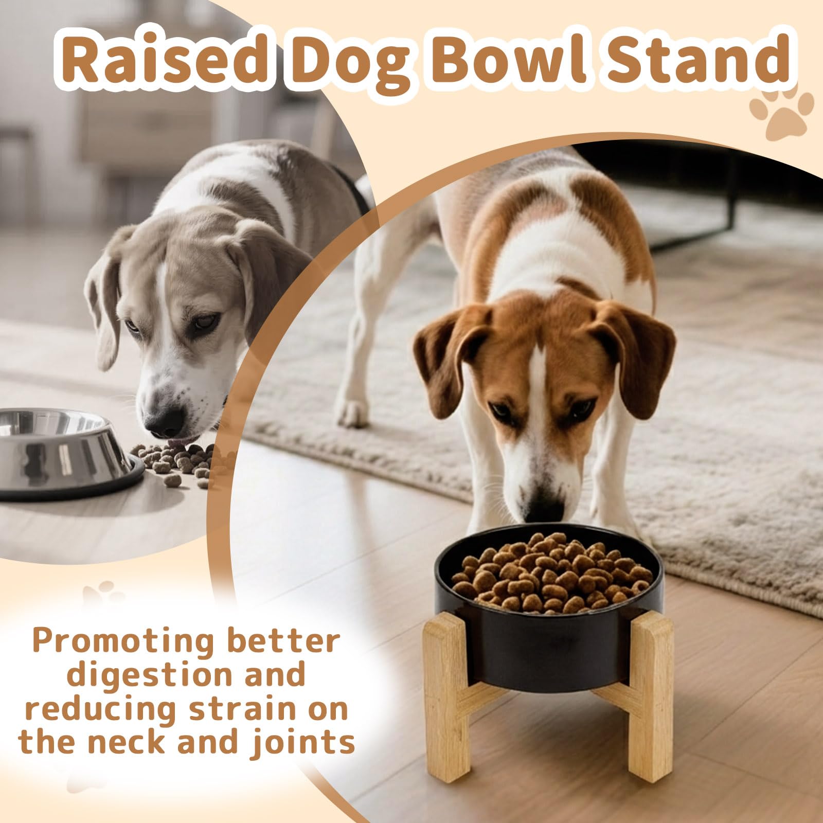 2 gamelle Surélevée en Céramique de 15cm pour Chien Gamelles Surélevées pour Chiens avec Support en Bois Antidérapant Gamelles Robustes pour et Eau aux (Noir et Blanc)
