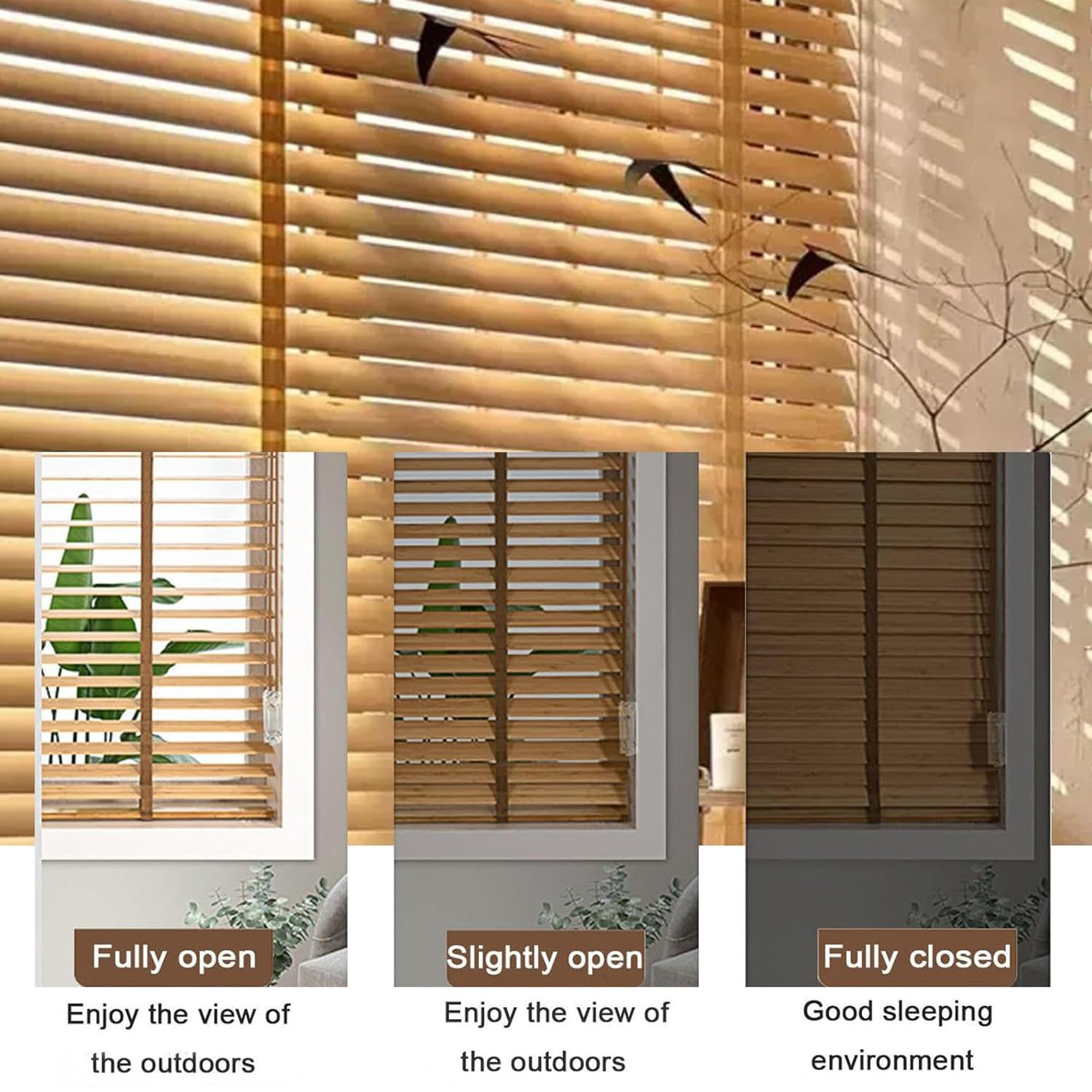 Veneziane in Legno, Tende Orizzontali, Tende in Legno a Doghe Larghe 333 mm, Veneziana Senza Foratura, Veneziane per Interni, per Camera da Letto/Soggiorno/Ufficio/Balcone, Personalizzabile