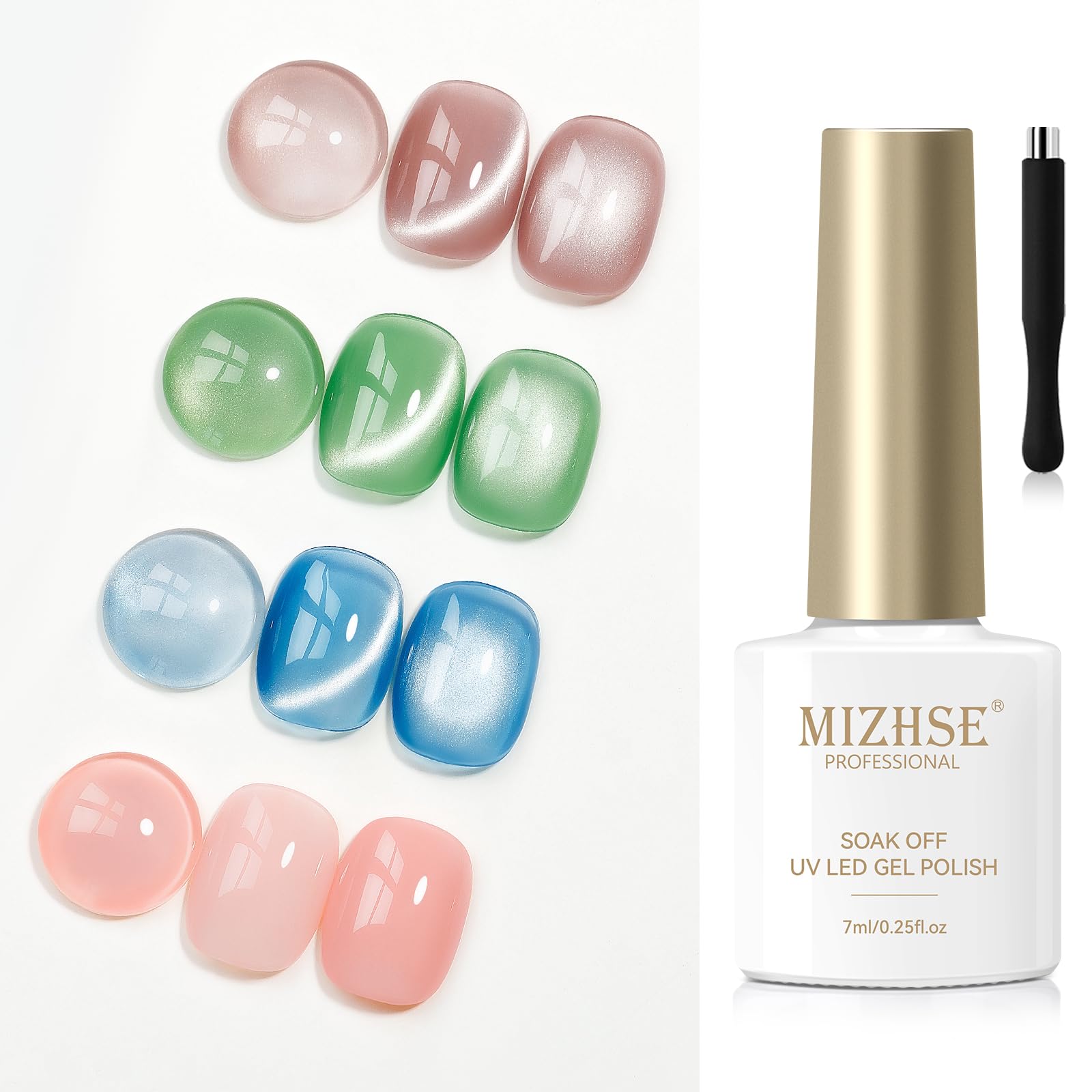 MIZHSE Moonlight Cat Eye Gel Nail Polish, Magnetic Gel Polish Set with Sheer Pink Nail Gel and 1 Magnet Stick, Glossy Effect Nail Gel Green Blue Pink Soak Off UV/LED Nail Art Salon Manicure Home Gift