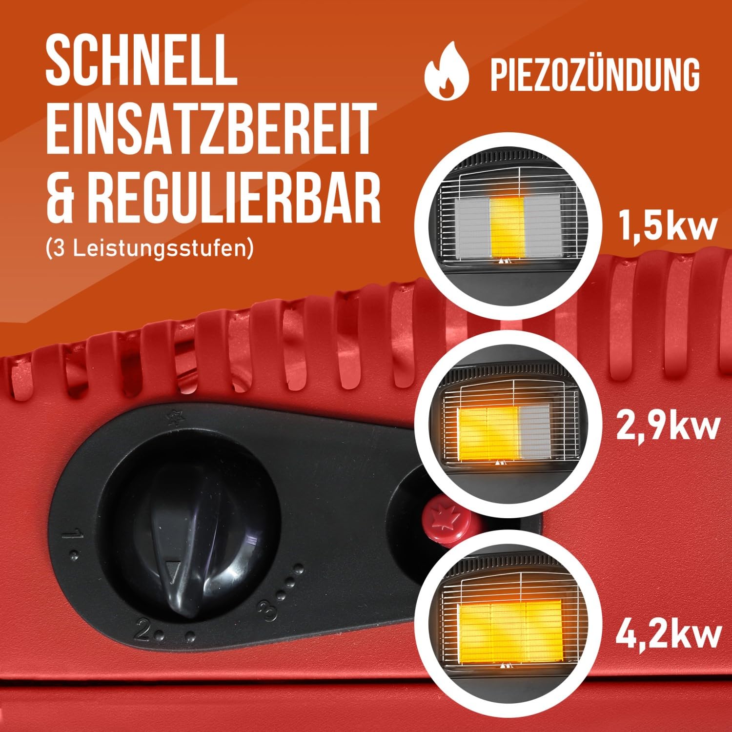 Chauffage à gaz 4200 W - Chauffage à gaz en céramique avec régulateur de pression de gaz, tuyau à gaz, brûleur infrarouge en céramique, bouteilles de butane ou propane jusqu'à 15 kg (noir