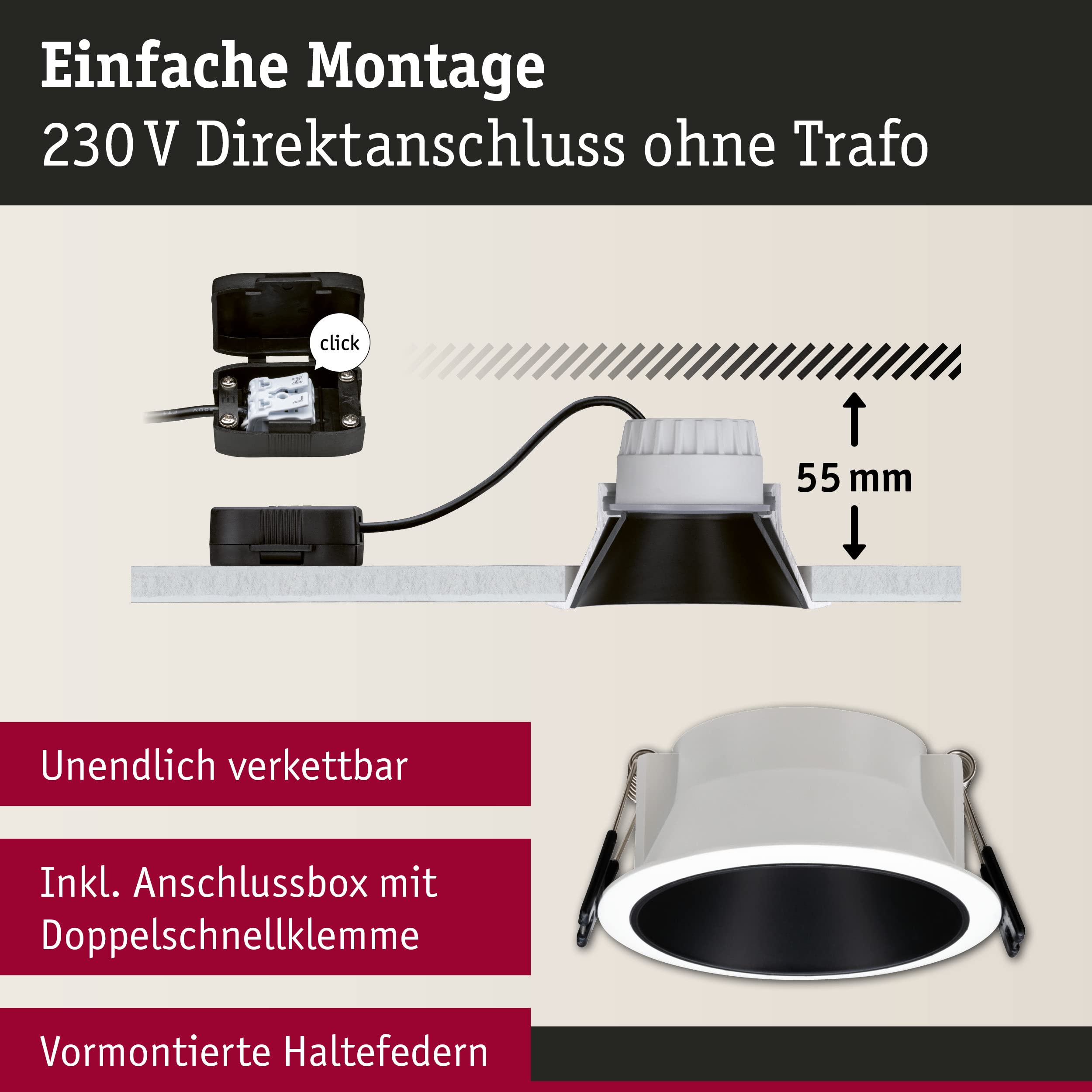Paulmann 93402 LED Einbauleuchte Cole rund incl 3x6,5W dimmbar Einbaustrahler Weiß, Schwarz matt Einbaulampe Kunststoff, Alu Zink Deckenspot 2700K