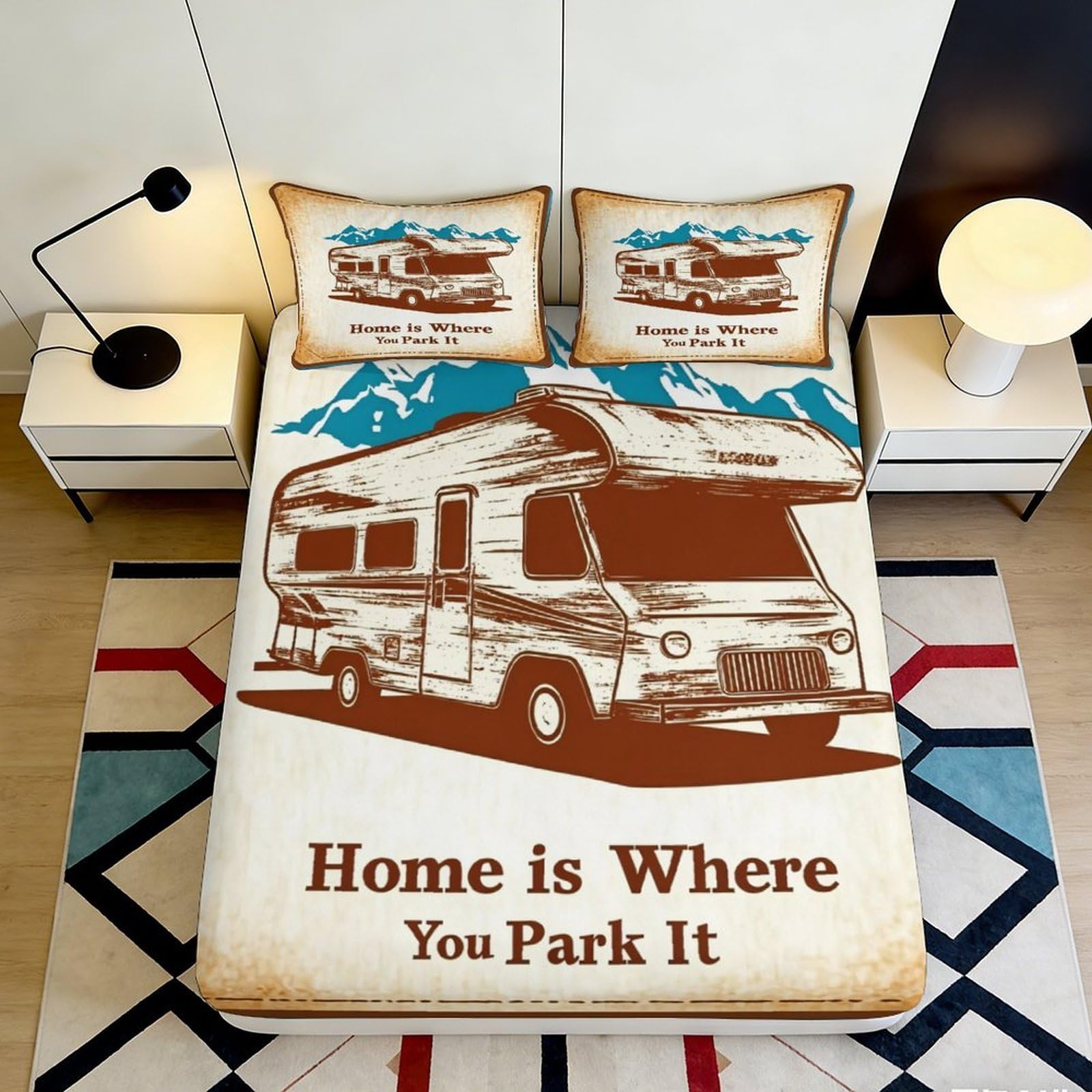 3D Printed Camper Van Fitted Sheet Microfiber Soft Mountain Scene Mattress Cover for Bedroom Guest Room Dorm Decor 90x200x25cm