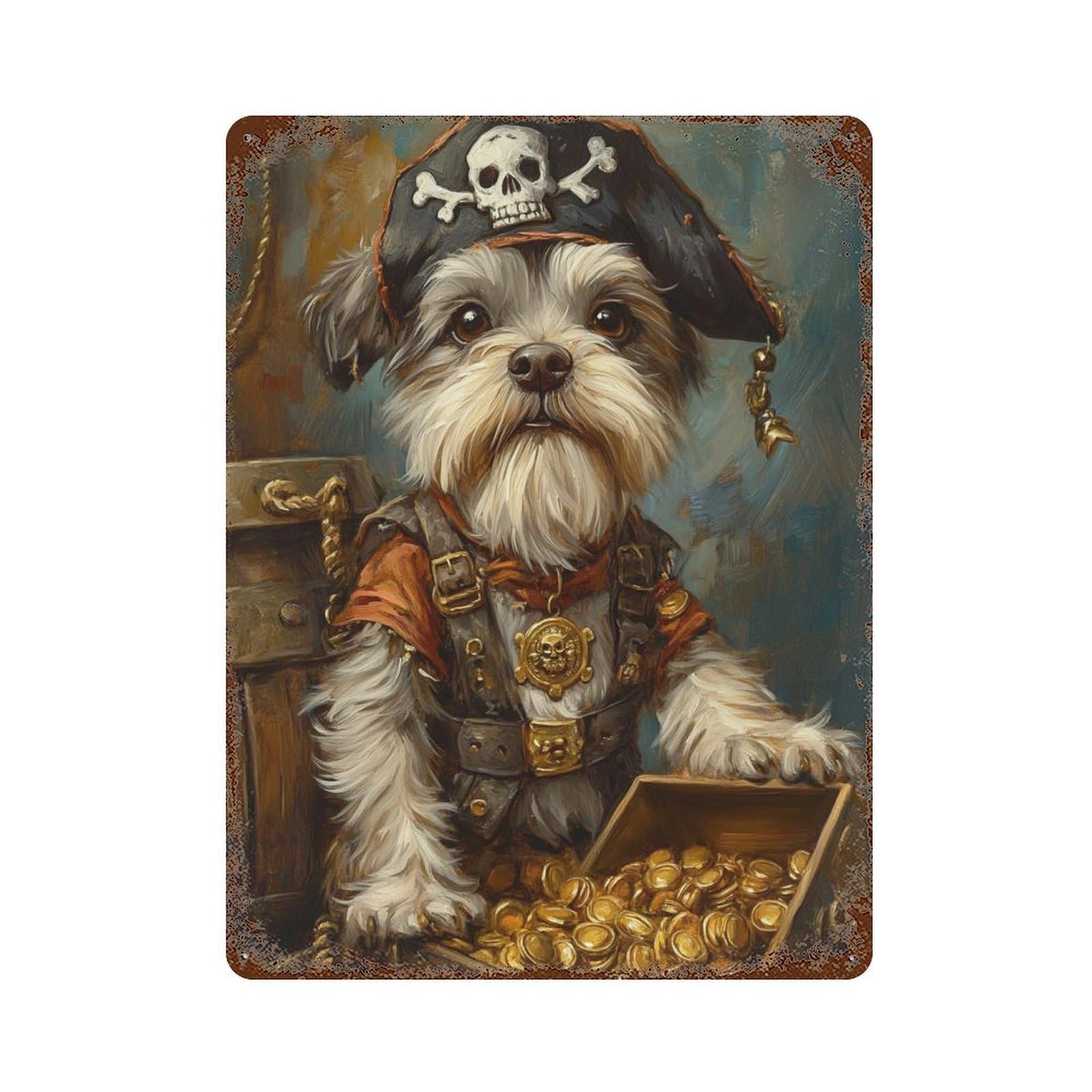 Pirate Dog Treasure Chest-75 Vintage Metal Tin Sign 15.7"x11.8", Novelty Wall Decor for Garage, Pub Or Kitchen