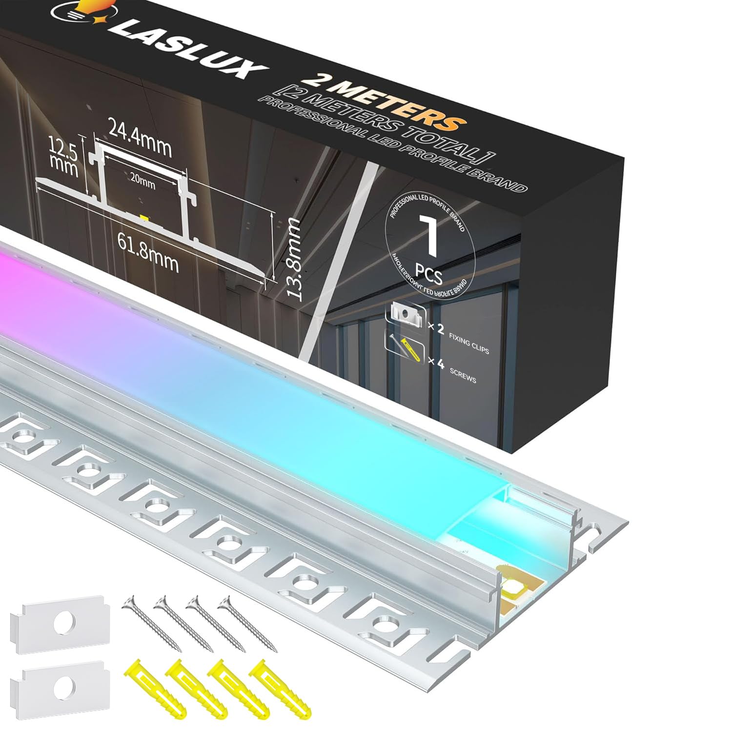 Profilo in Alluminio LED da Incasso 1 x 2m (2m) Canale LED per Strisce LED fino a 20mm con Diffusore Bianco Latte e Tappi di Chiusura per Montaggio su Cartongesso Piastrella
