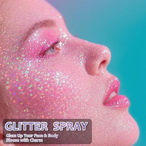 Vista 2 de Spray de purpurina corporal, spray de purpurina rosa luminosa para cabello y cuerpo, incluye 1 tarro de recambios Rosa luminoso + 1 botella