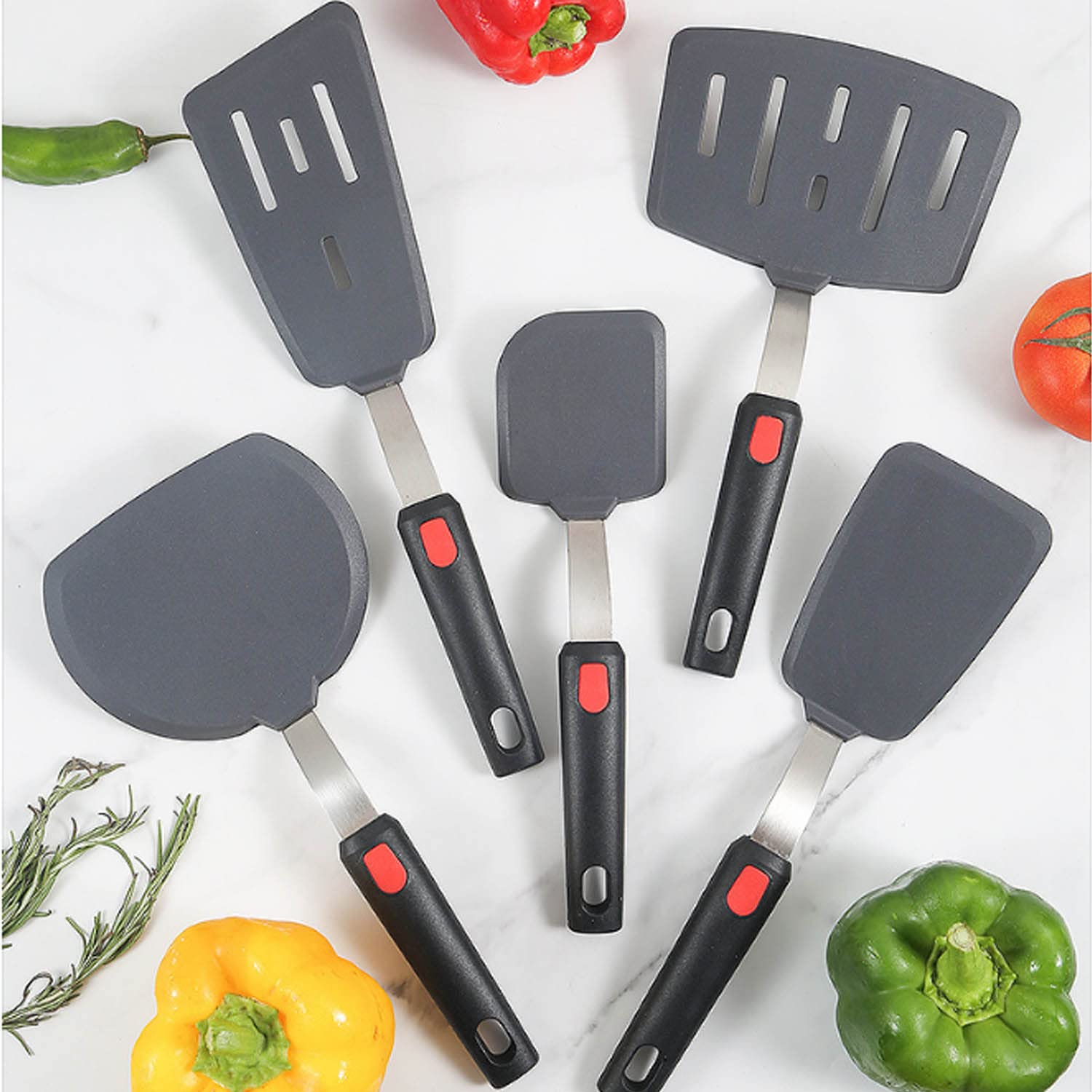 Set di Spatole Grandi in Silicone Acciaio Inossidabile Antiaderente Utensile da Cucina per Barbecue Cottura al Forno Pesce Bistecca Uova Frittelle Hamburger BBQ,5 Pack