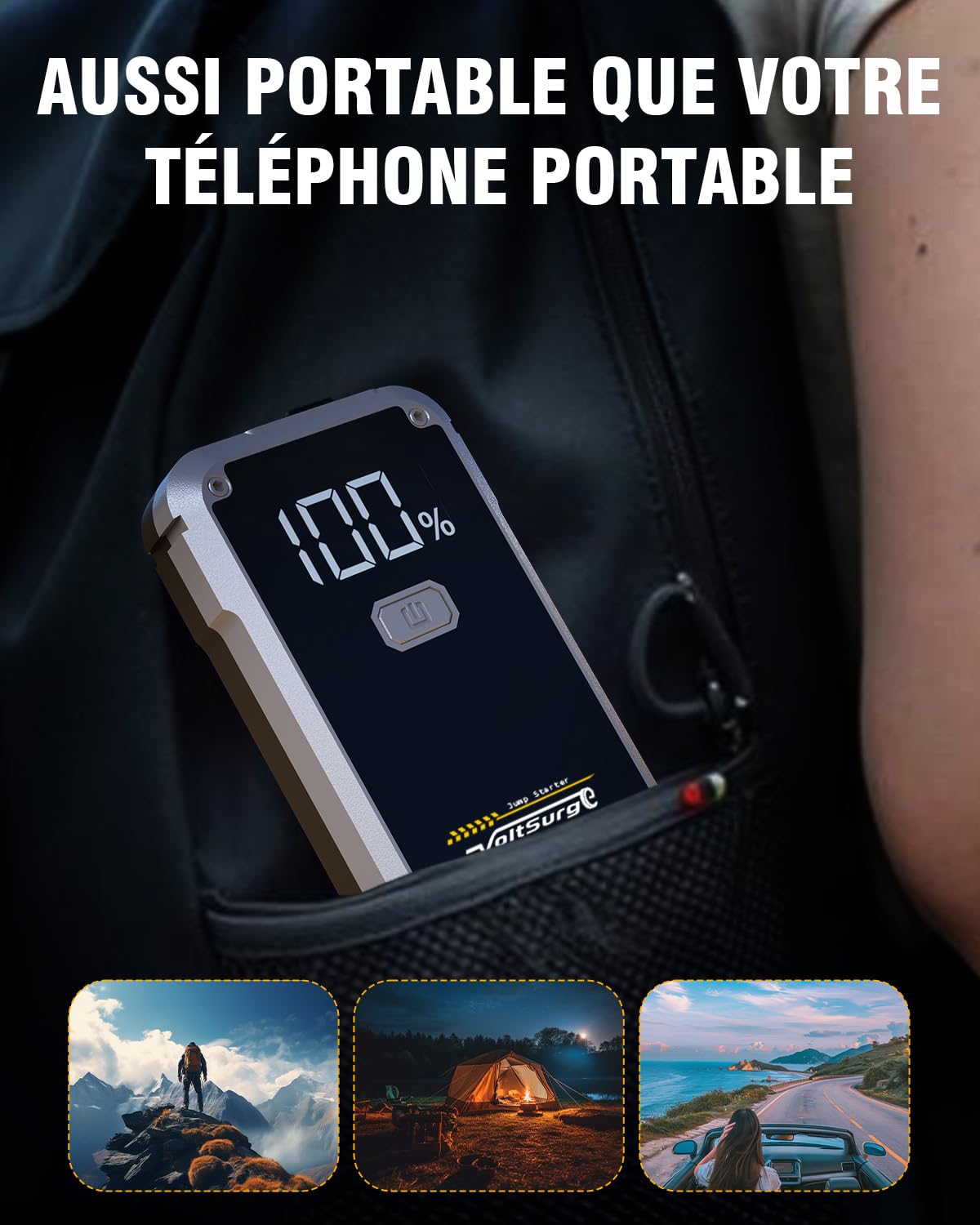 Démarreur de Batterie de Voiture 5000A - Démarreur Portable pour Moteurs Essence 7.0L ou Diesel 5.5L - Pinces de Batterie Incluses - Charge Rapide USB & Lampe LED d'urgence (D06)