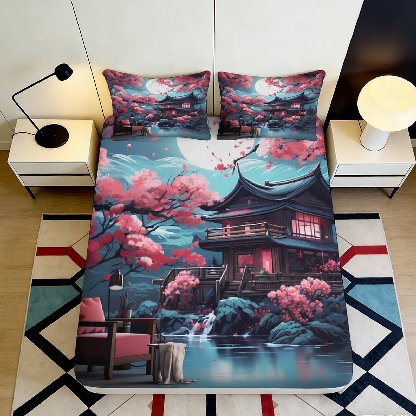 3D Printed Sakura Moonlight Fitted Sheet Microfiber Japanese Temple Bed Cover for Bedroom Guest Room Decor Protection 90x200x25cm
