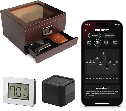CASE ELEGANCE Glass Top Humidor with Thick Cedar, Includes Klaro Valet Digital Hygrometer+ WiFi Bridge for Remote Monitoring Humidity & Temperature, iOS & Android App - Brown