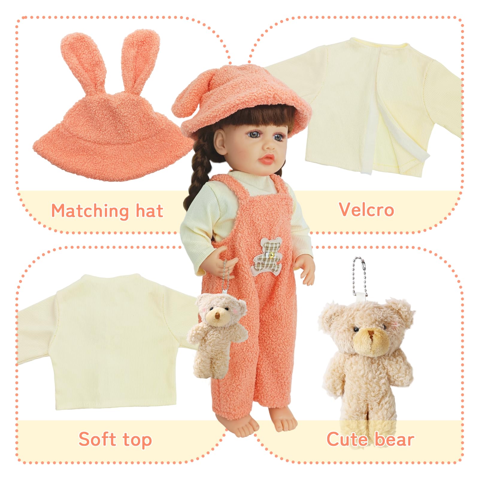 WanderGo Baby Doll clothes for 20-22 inch Dolls, 6-piece Outfit with Top + Pants + Hats + 2 Hangers + Plush Pendant - Image 3