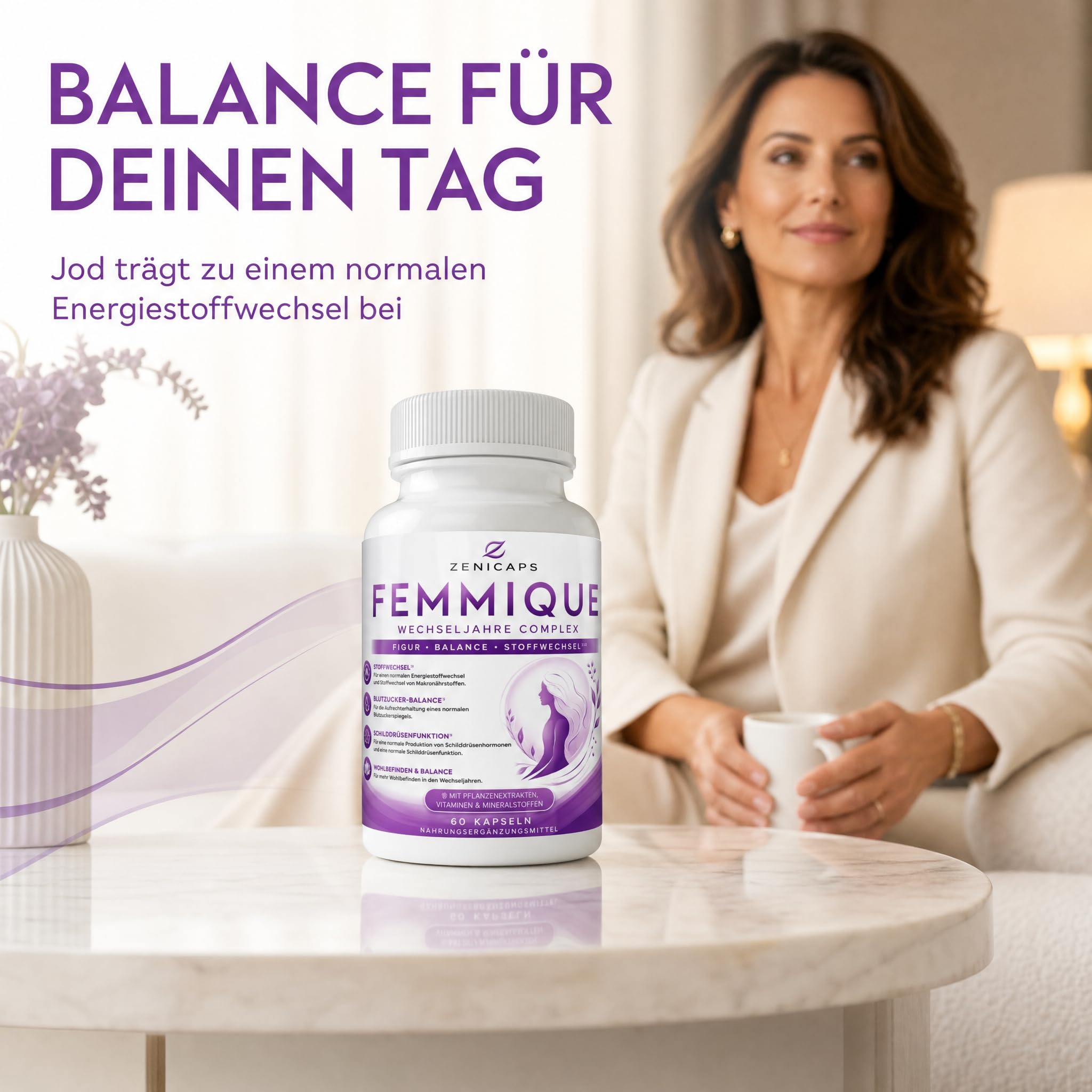 FEMMIQUE Wechseljahre Complex 60 Kapseln – Frauen Komplex mit Jod & Chrom – für normalen Energiestoffwechsel, Makronährstoffwechsel & Schilddrüsenfunktion