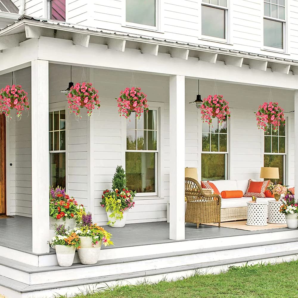 Artificial Flowers with Hanging Baskets, Fake Silk Orchid Rose Flowers Plants in Baskets, Faux Flower Centerpieces for Home Decoration Outdoor Garden Yard Patio Landscaping (Red)