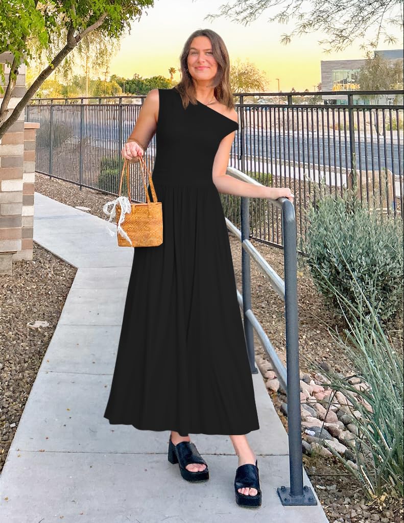 ZESICA Maxi abito da donna estivo 2025, senza maniche, monospalla, casual, a pieghe, con tasche