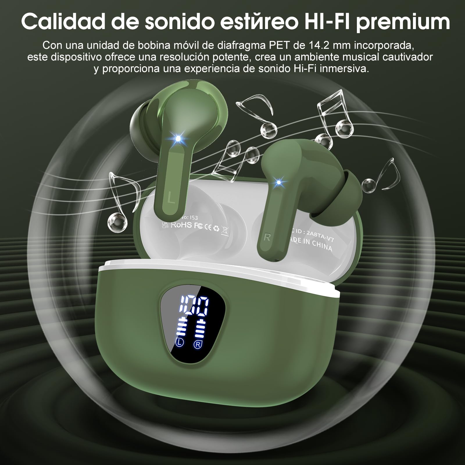 Auriculares Inalámbricos Bluetooth, Auriculares Bluetooth 5.4 con Controlador de 14,2 mm, Sonido Envolvente, 48H Cascos Inalámbricos con Reducción de Ruido, Pantalla LED, IP7 Impermeable, Retro Verde