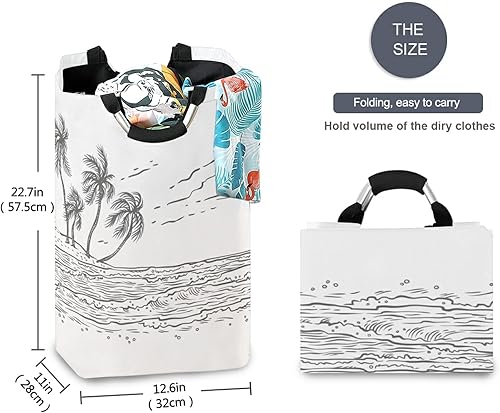 Miniatura 5 de Cesto de lavandería con asa para dibujar en la costa de la playa, palmera de la playa, cestas de lavandería, cesta plegable para ropa sucia,
