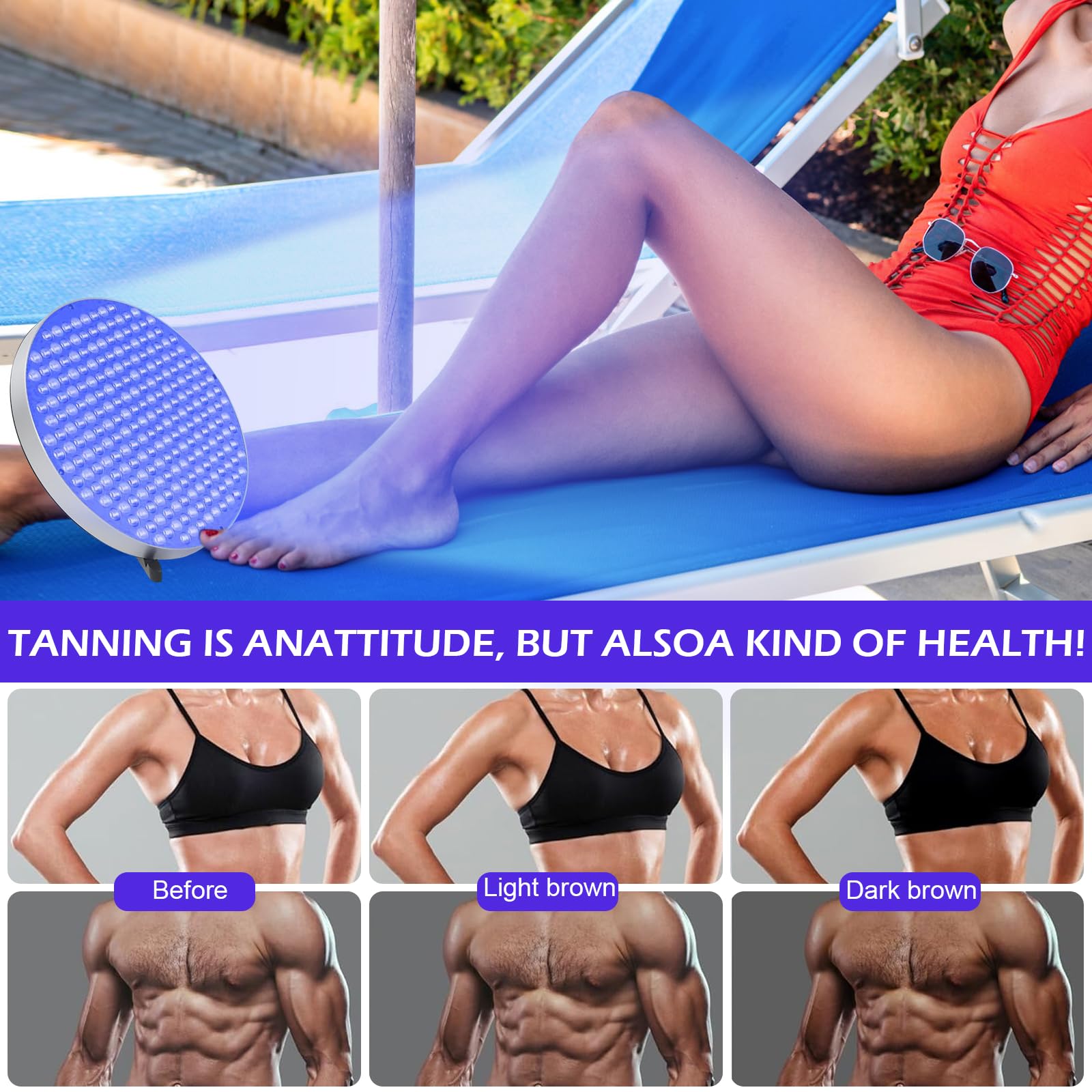 Solarium para el hogar, lámpara de bronceado redonda portátil con 250 LED y soporte, 50 W, bronceador facial para cuerpo y cara (plata, con gancho)