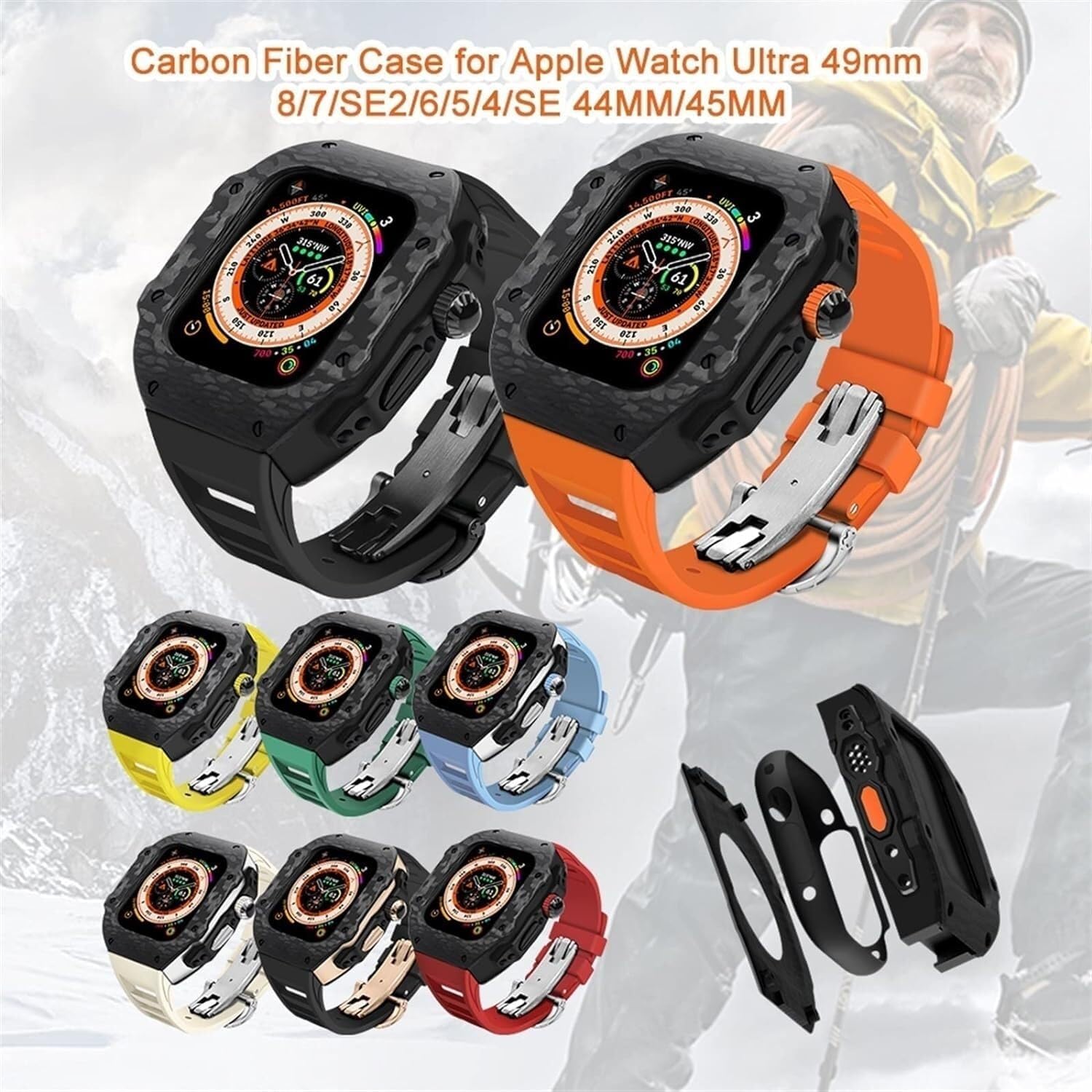 BUDAY Carbon Fiber Watch Case，for Apple Watch Ultra 8 49mm 7 SE 6 5 4 SE 45mm 44mm Series Band Luxury Modified Watch Case(F,49MM)