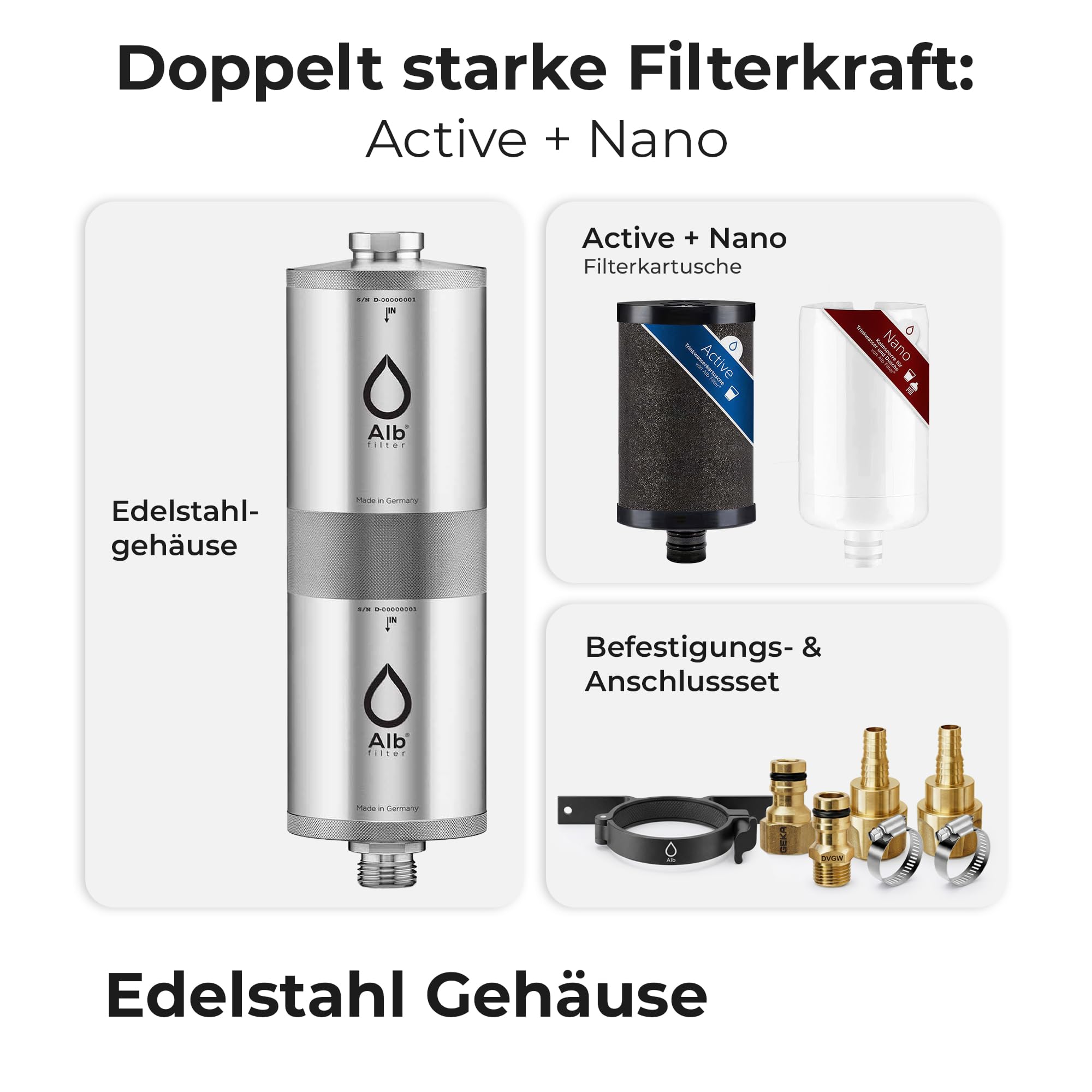 Alb Filter TRAVEL FUSION Einbaufilter Camping Edelstahl Natur | Zweistufiger Wasserfilter gegen Schadstoffe & Keime bis 0,1 µm, fester Einbaufilter für Wohnmobil & Boot, Made in Germany