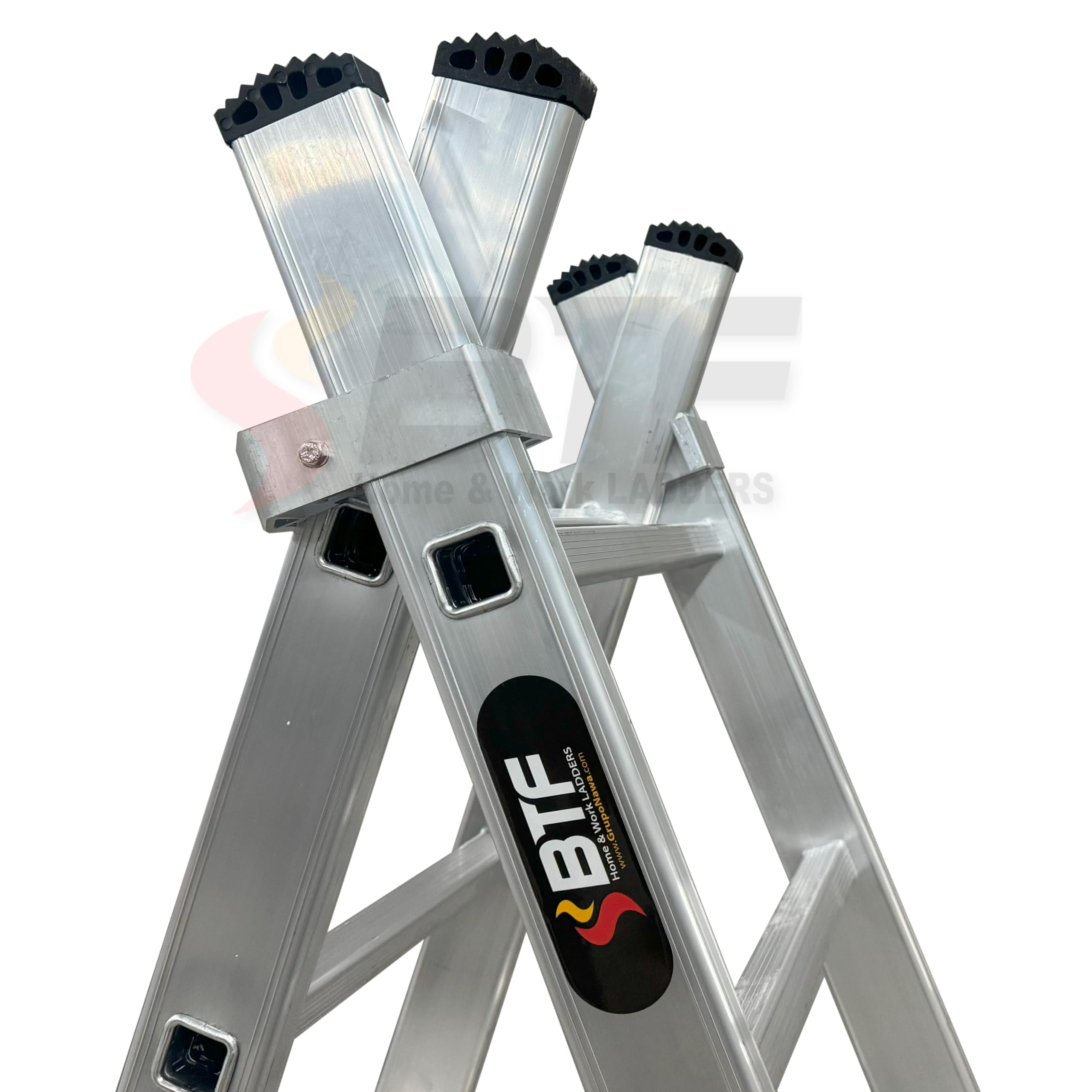 BTF | Escalera Plegable Aluminio Transformable 2 Tramos | Combinada 2 Secciones x 7 Peldaños, Escalera de Tijera y Extensible de Apoyo, Altura Apoyo 3,1m, Tijera 1,9m, Certificada EN131 Uso Doméstico