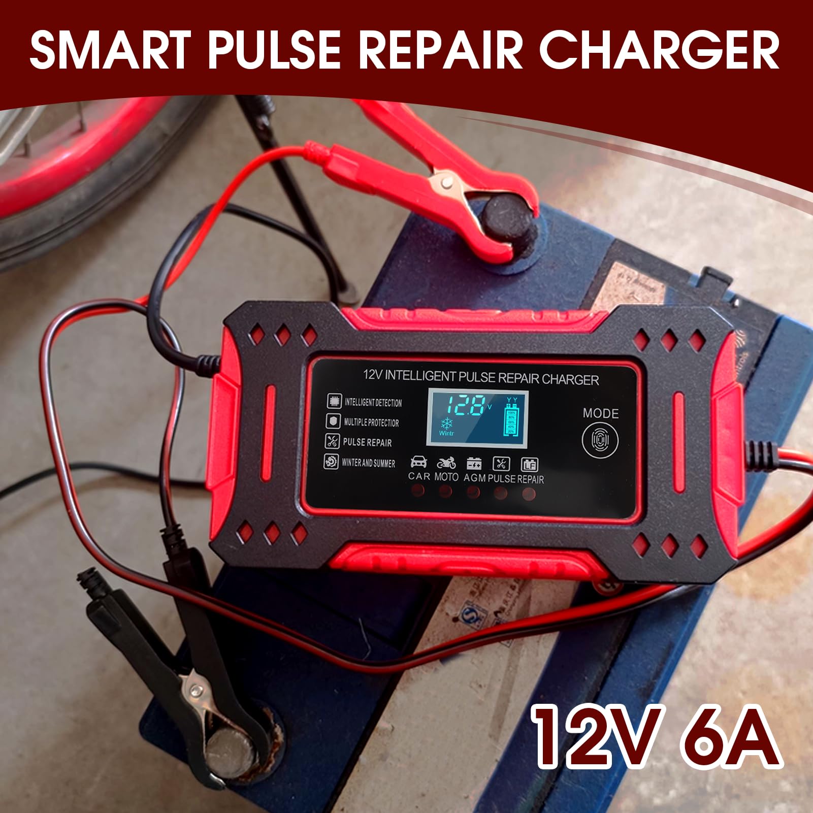 Chargeur Batterie Voiture 12V/6A Intelligent, Chargeur de Batterie Automatique avec Affichage Numérique pour Auto Moto Bateau Tondeuse à Gazon et Camion, Ajuste Tension Selon Température