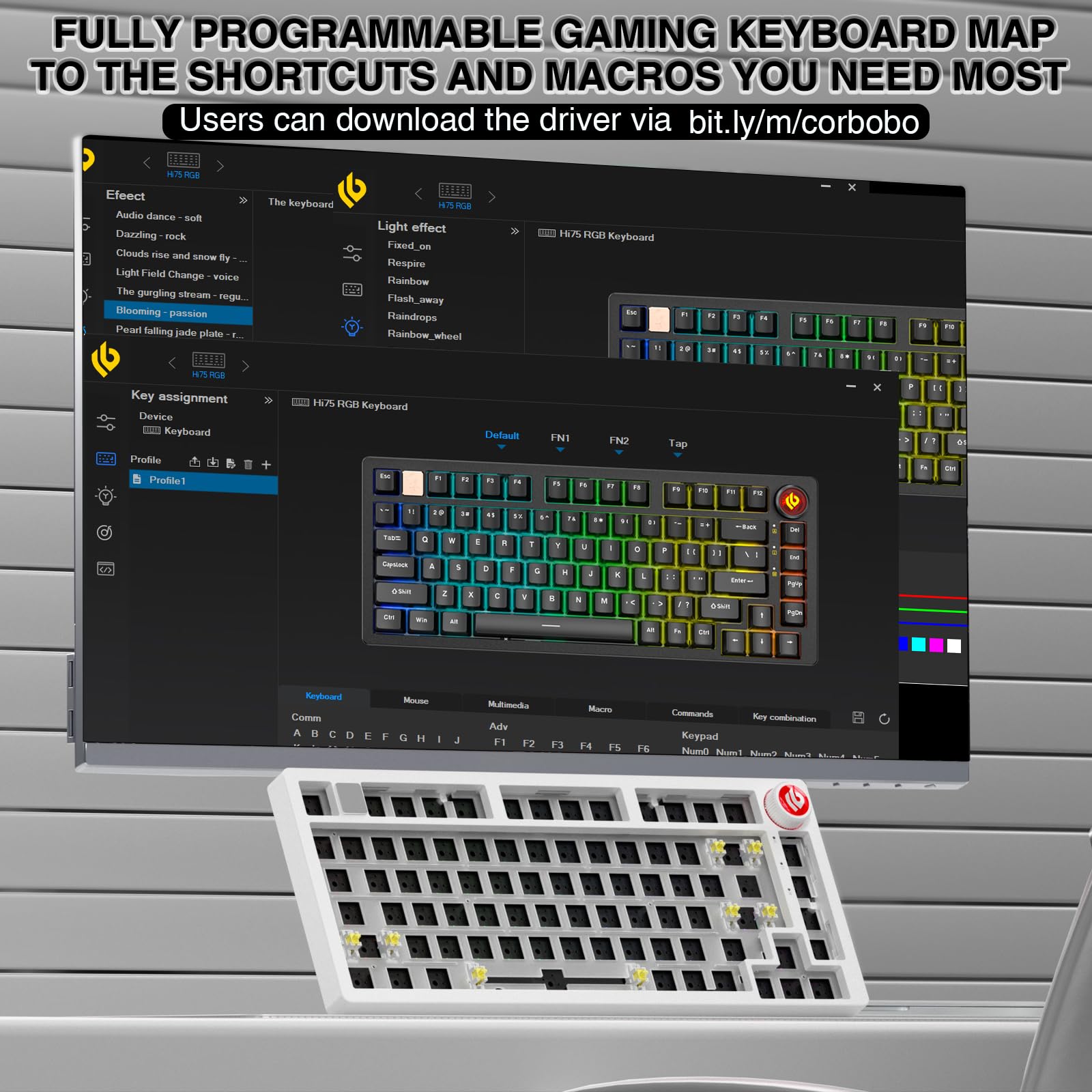 CORBOBO LEOBOG Hi75C - Kit de teclado mecánico con cable mejorado – Montaje de junta de aleación de aluminio 75% base barebones DIY con intercambio en caliente, retroiluminación RGB y perilla de