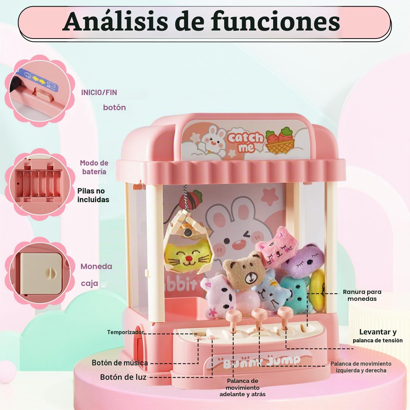Máquina de Garras para Niños, Mini máquina de Garras con Monedas, Juguetes de Peluche y gashapons, máquina de Garras con música, Maquina de Peluches Mini(Rosa)