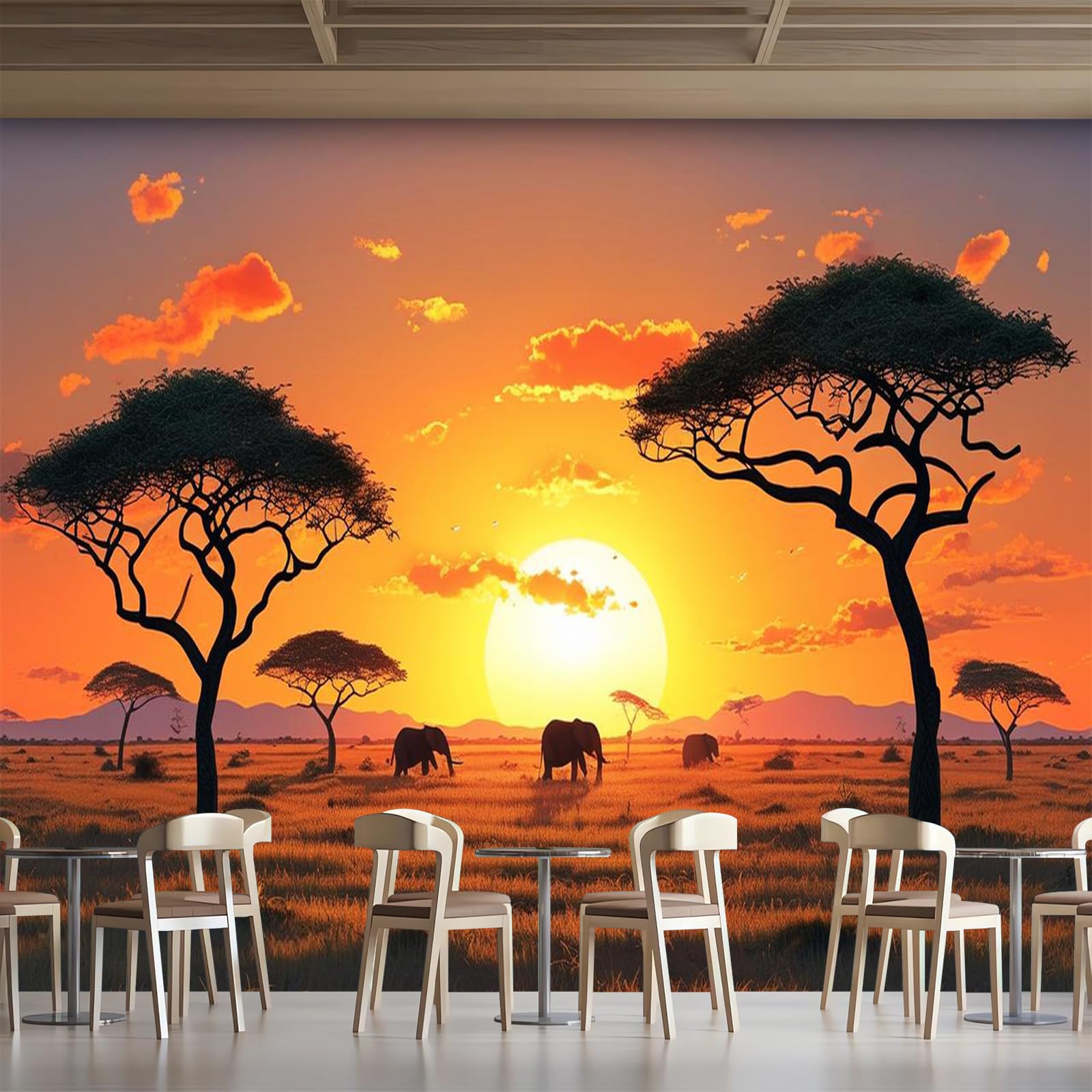 Générique Papier Peint Panoramique 3D 400x280 cm Afrique éléphants Non-tissé Murale Maison Décoration Intérieure Coucher De Soleil pour Chambre Salon Mur TV Artistique Poster Décoration Murale 1M1601