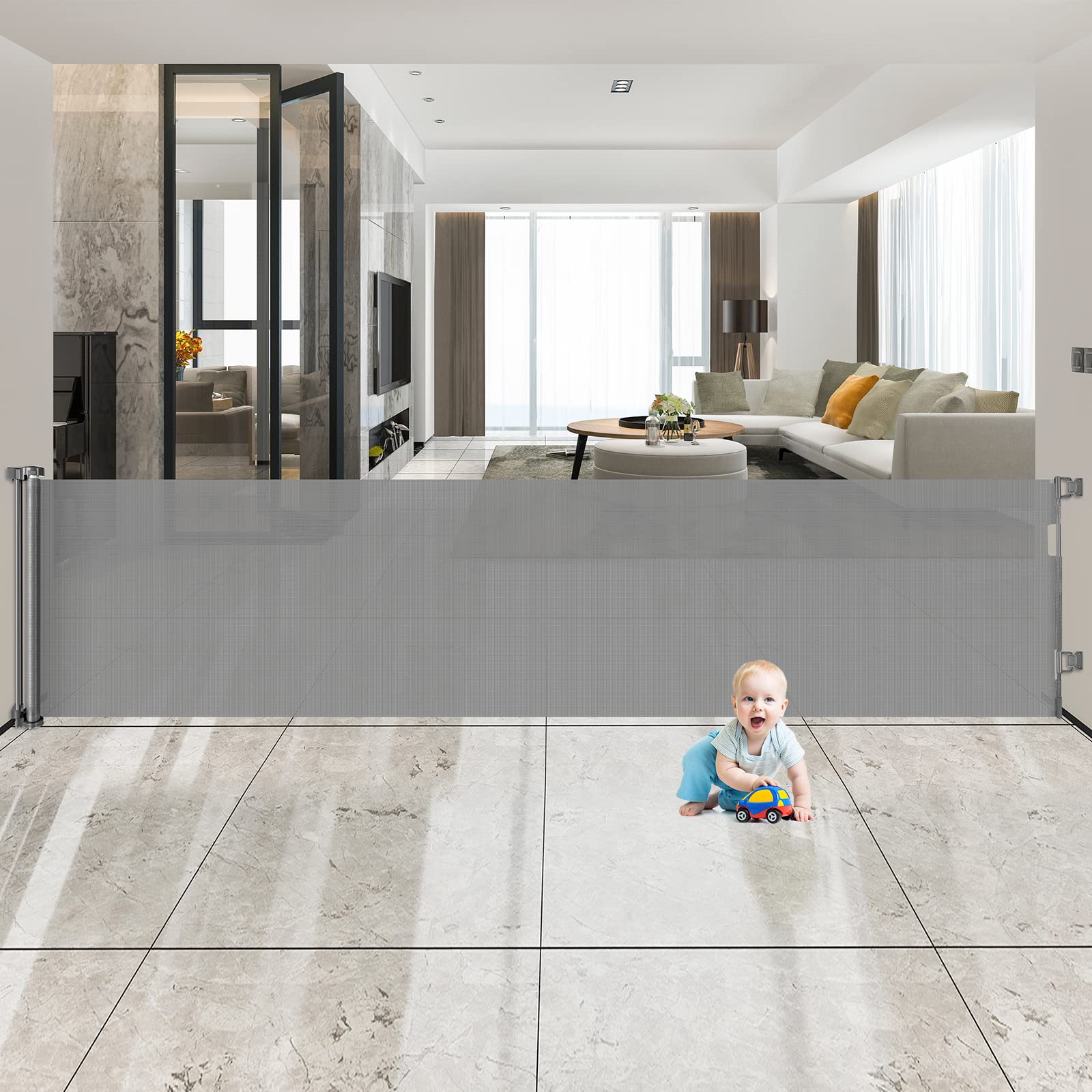 150 Inch Extra Wide Baby Gates for Large Openings Retractable Baby Gate for Stairs Extra Long Dog Gates for Doorways Large Retractable Gate Indoor Outdoor Pet Gate, Grey