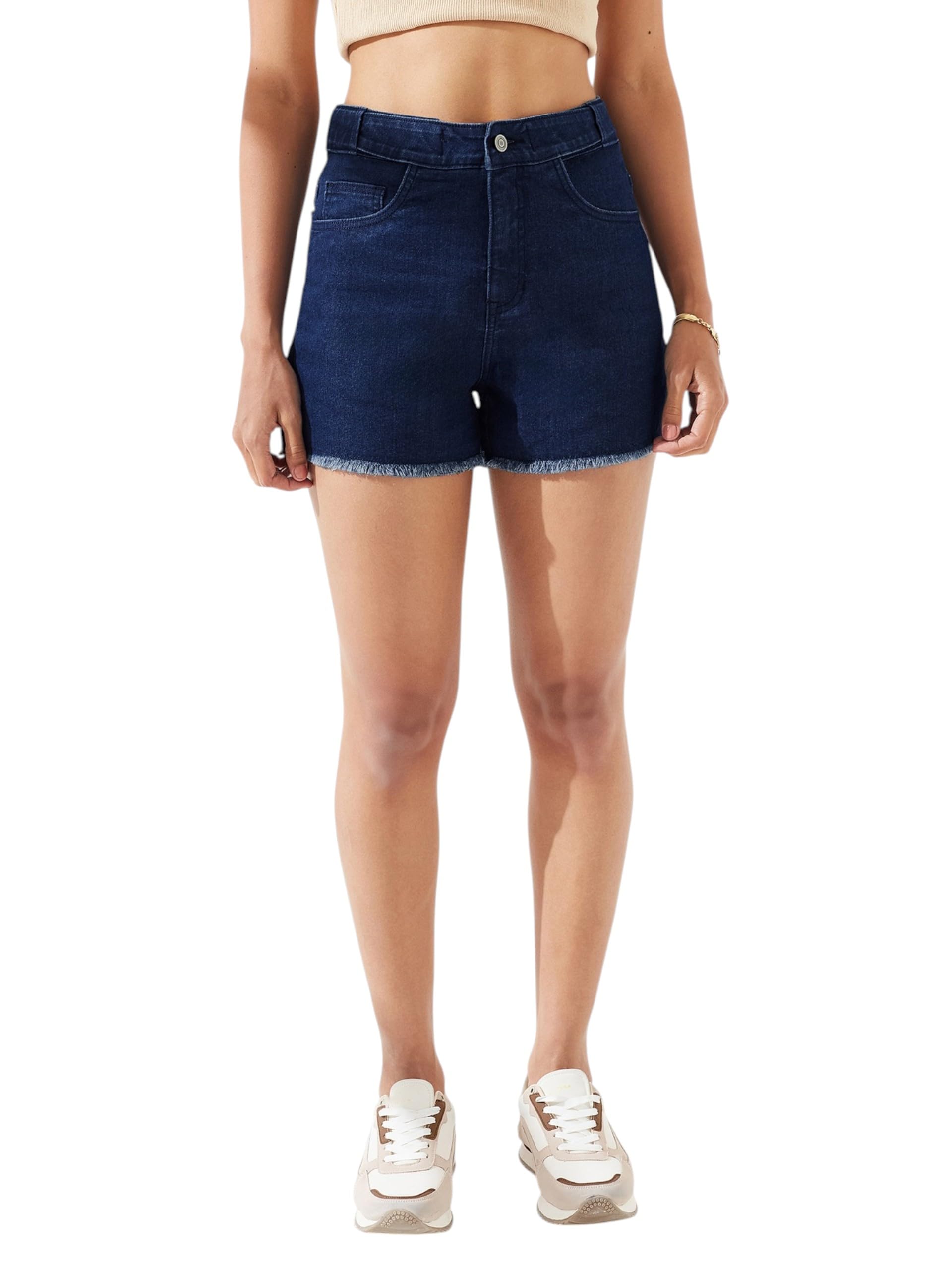 Women's Relaxed Fit Mid-Rise Denim Shorts with Adjustable Waist & Frayed Hem-image-29