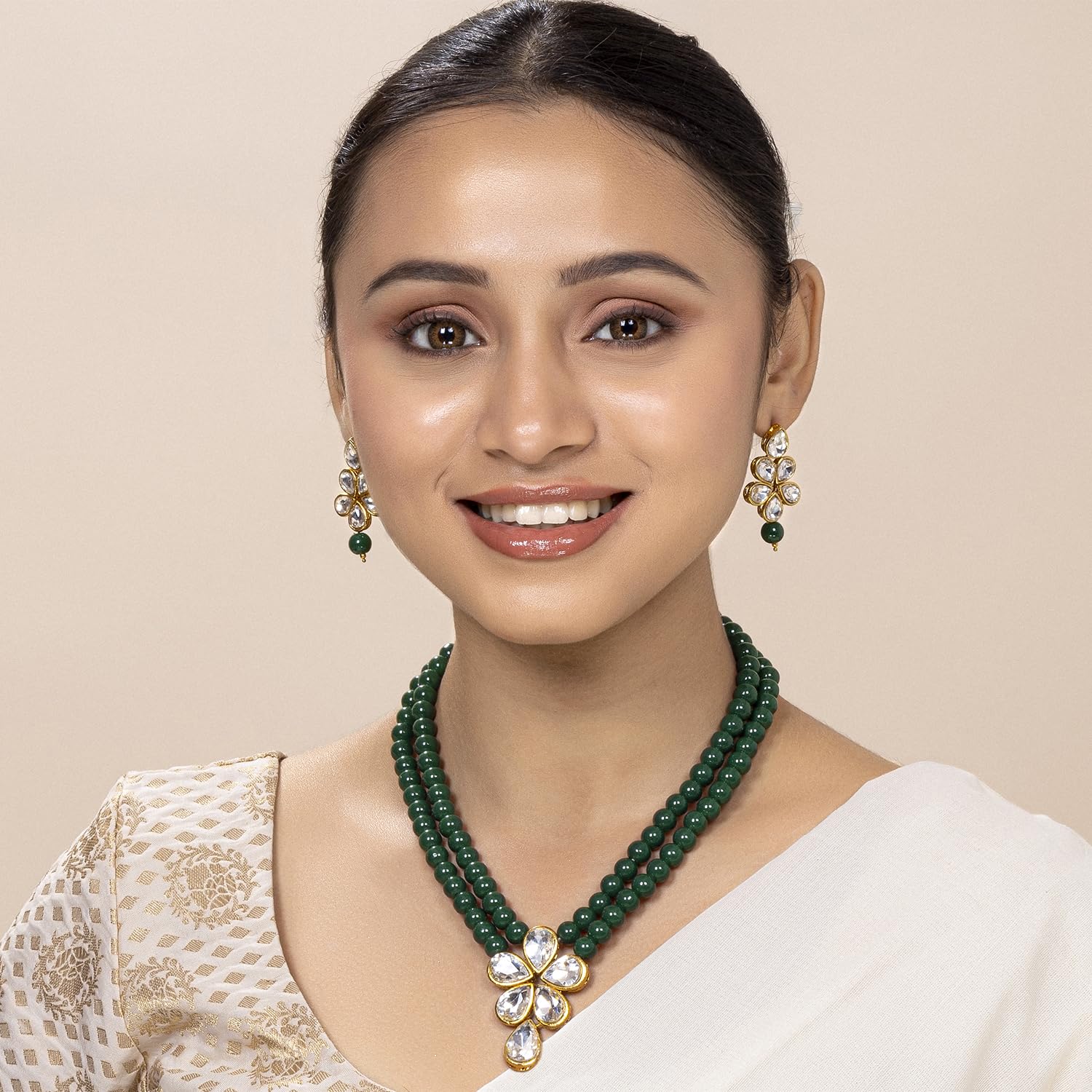 Peora Crystal Faux Pearl Kundan Necklace & Jewellery Set Gift for Women