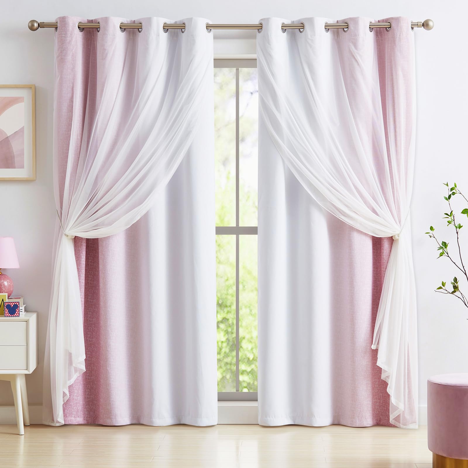 Geomoroccan Ombre Blackout with White Lace Sheer Elegant Layered Curtains,Mix and Match Grommet Thermal Insulated Curtain for Bedroom and Living Room 2 Panels (52"x84",Pink and White)