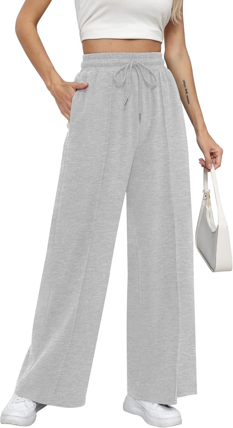 Missufe Women's Elastic High Waist Wide Leg Loose Casual Pants Joggers Workout Lounge Sweatpants with Pockets
