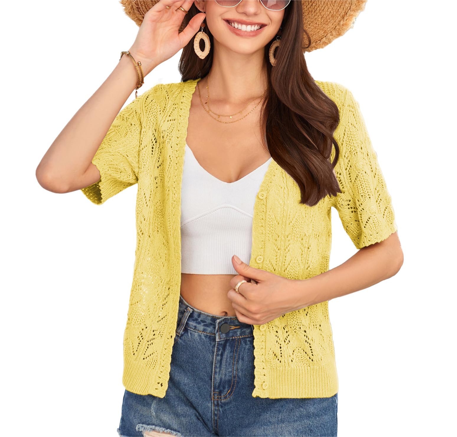 GRACE KARIN2024 Women's V-Neck Short Sleeve Cardigan Summer Lightweight Hollow Cardigan Casual Open Front Short Knitted Jumper with Button