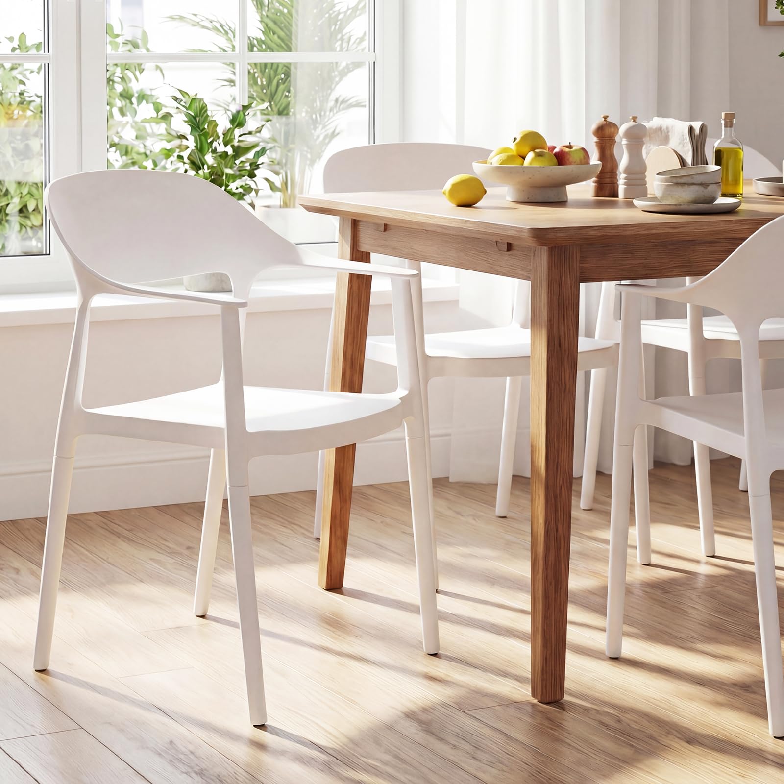 COSTWAY Silla de Cocina Pack 4 de Plástico Reciclado, Sillas de Comedor Apilables con Respaldo Curvado, Apoyabrazos y Asiento Amplio, Sillas Terraza para Exterior e Interior, Salón, Jardín (Blanco,4)