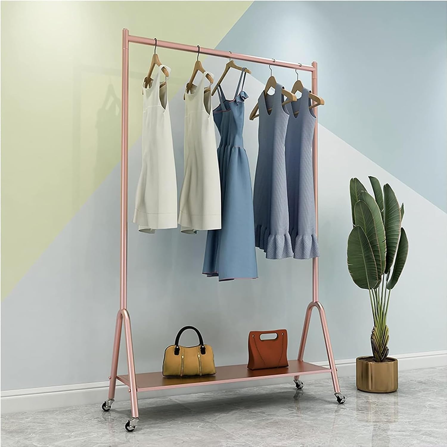 Clothes Rail on Wheels, Modern 28mm Thicken Industrial Style Clothes Rack Garment Display Stand with Storage Shelf (Rose Gold-80cm