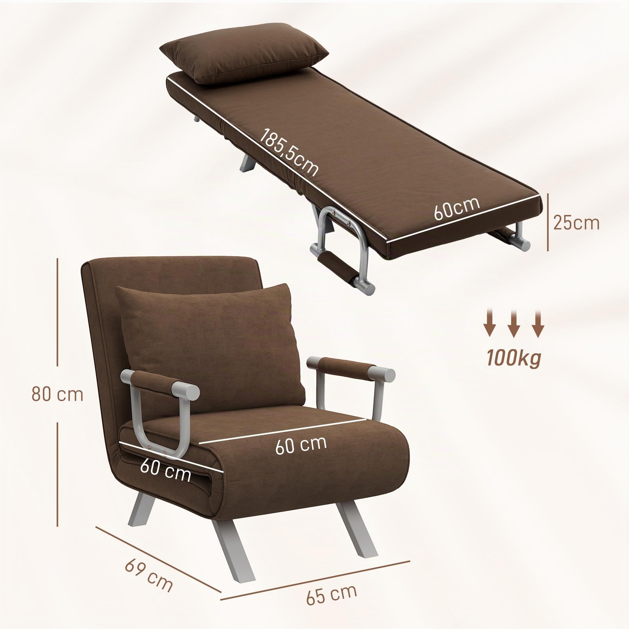 HOMCOM Fauteuil chauffeuse canapé-lit Convertible 1 Place déhoussable Grand Confort Coussin Pieds accoudoirs métal suède Marron