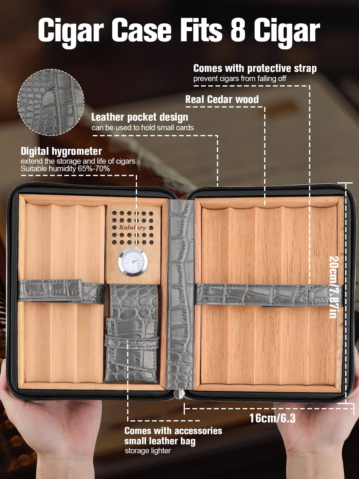Kalolary Zigarren Humidor Leder mit Zigarrenschneider, Tragbarer Reise Humidor Zigarren mit Zedernholz Auskleidung für Hält bis zu 8 Zigarren, Tolle Geschenke für Männer (Grau-Schwarz)