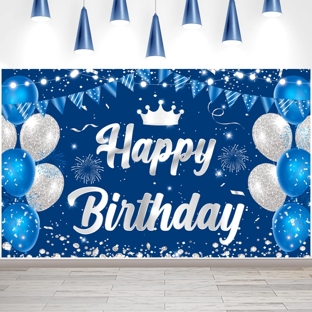 Happy Birthday Backdrop Banner Blue Silver Birthday Decorations Boys Girls Party Decor Supplies Outdoor Indoor Decoration Banner Background Poster Photo Booth Props Supplies70.8inx43.3inch