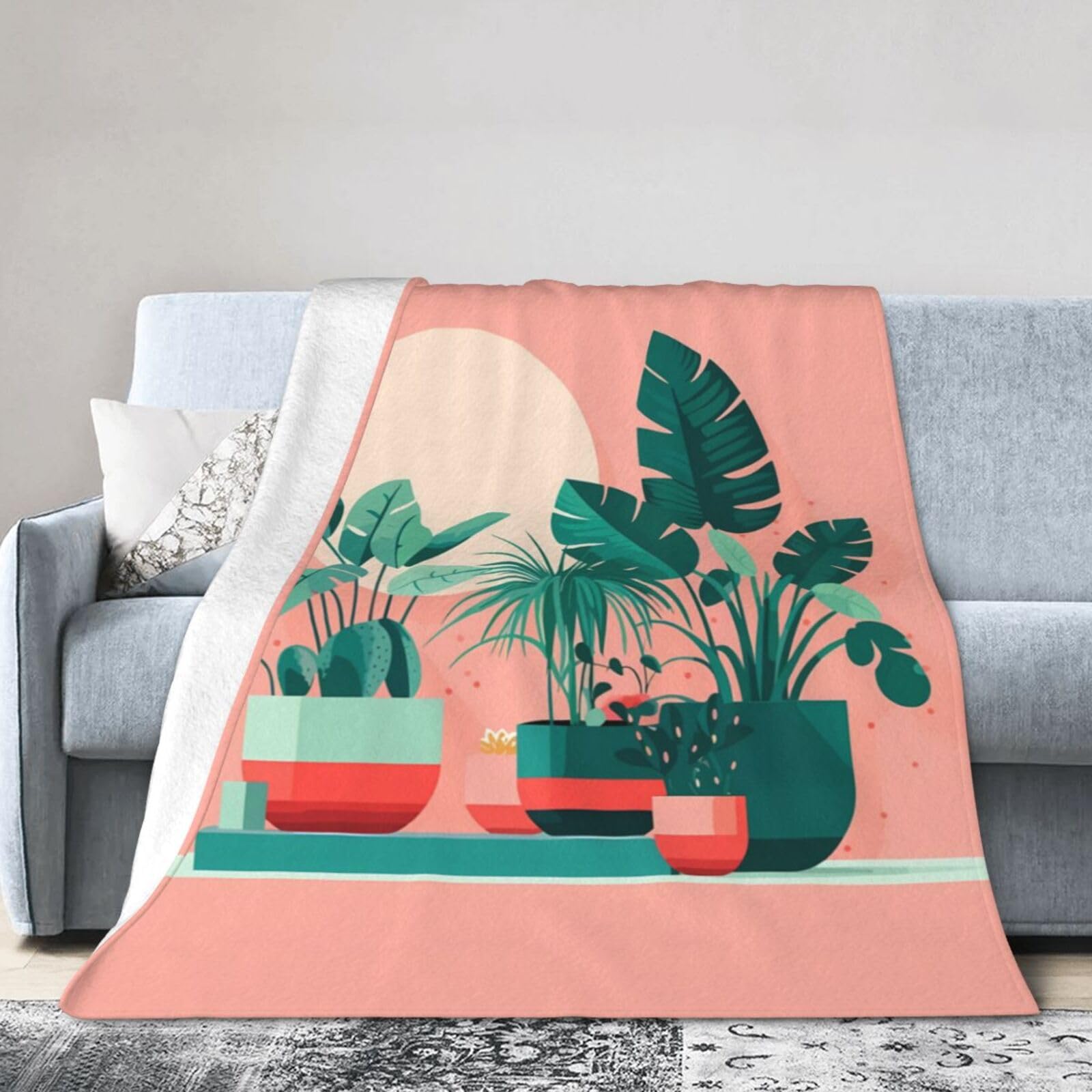 Beautiful Potted Green Plants 80"x60" Fleece Blanket, Full Size, Super Soft, Suitable for Bed, Sofa, Camping, All Seasons
