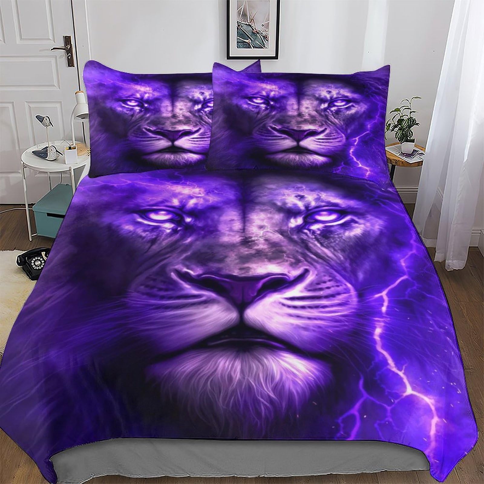 Parure de lit lion 3 pièces housse de couette 200x200cm et taies d'oreillers