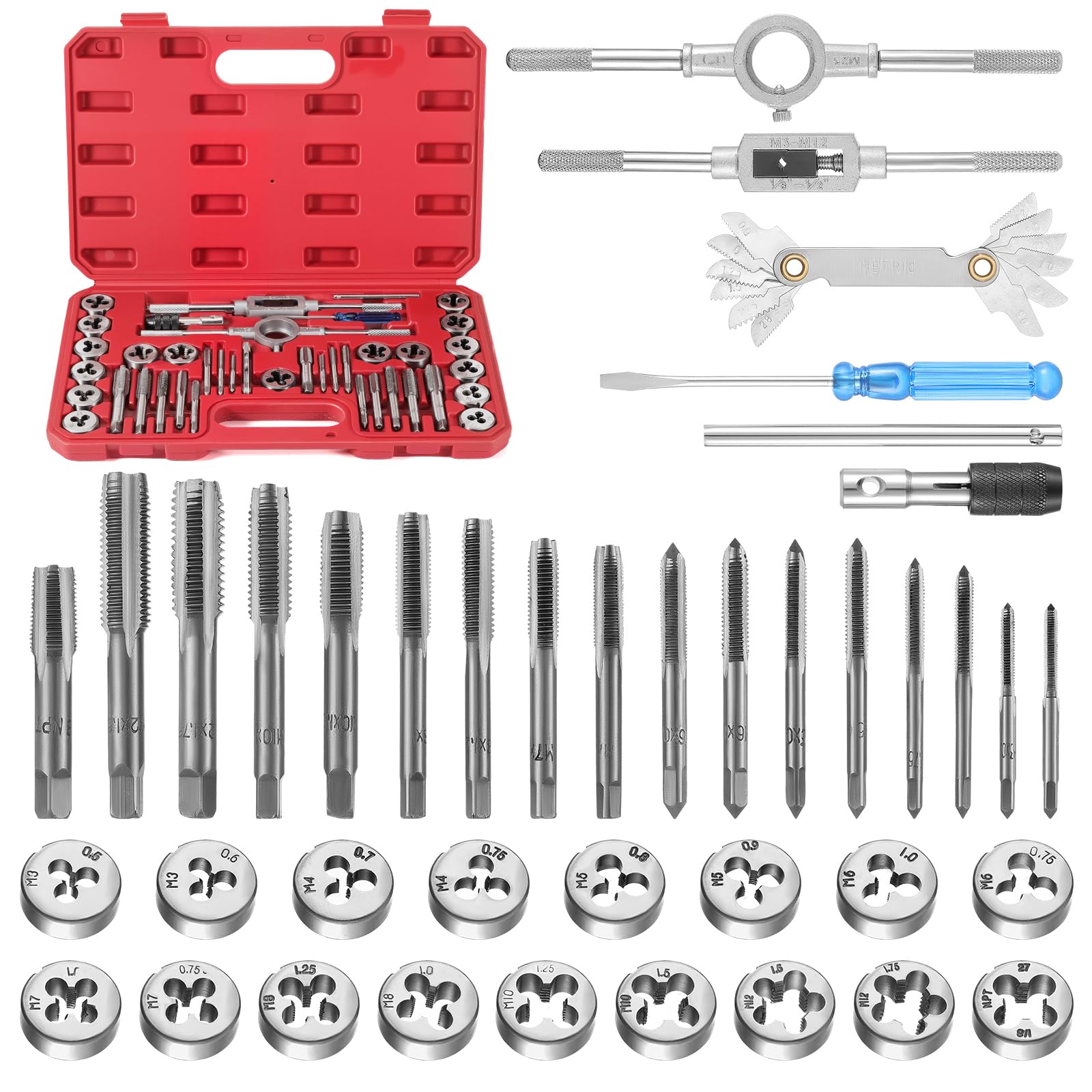 Faankiton Tap and Die Set, M3-M12 Tungsten Alloy Steel Metric Tap and Die Kit, Taper Drill Threading Kit with Tap Wrench, Metric & SAE Die and Tap Set for Internal and External Thread (40PCS Red)
