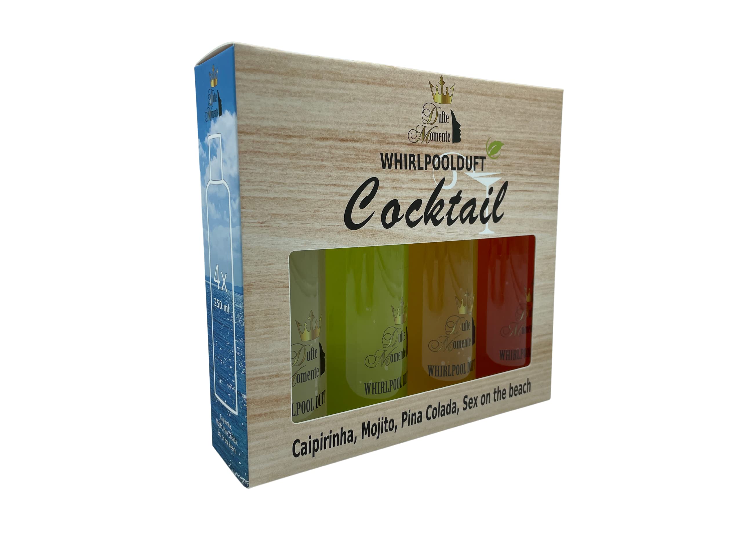 Dufte Momente | Whirlpool Duft 4 x 250ml - Caipirinha, Mojito, Pina Colada, Sex on the Beach | Badezusatz | mit naturreinen und natürlichen ätherischen Ölen | kein Schaum | vegan und ohne Tierversuche