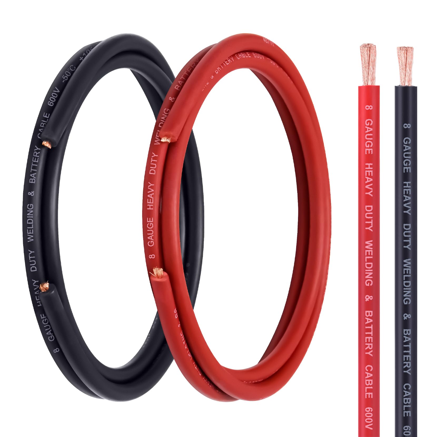 8 Gauge Battery Cable, 5FT Red + 5FT Black 8AWG Copper Wire, 8 AWG Welding Cable for Automotive, Battery, Solar, Marine and Generator