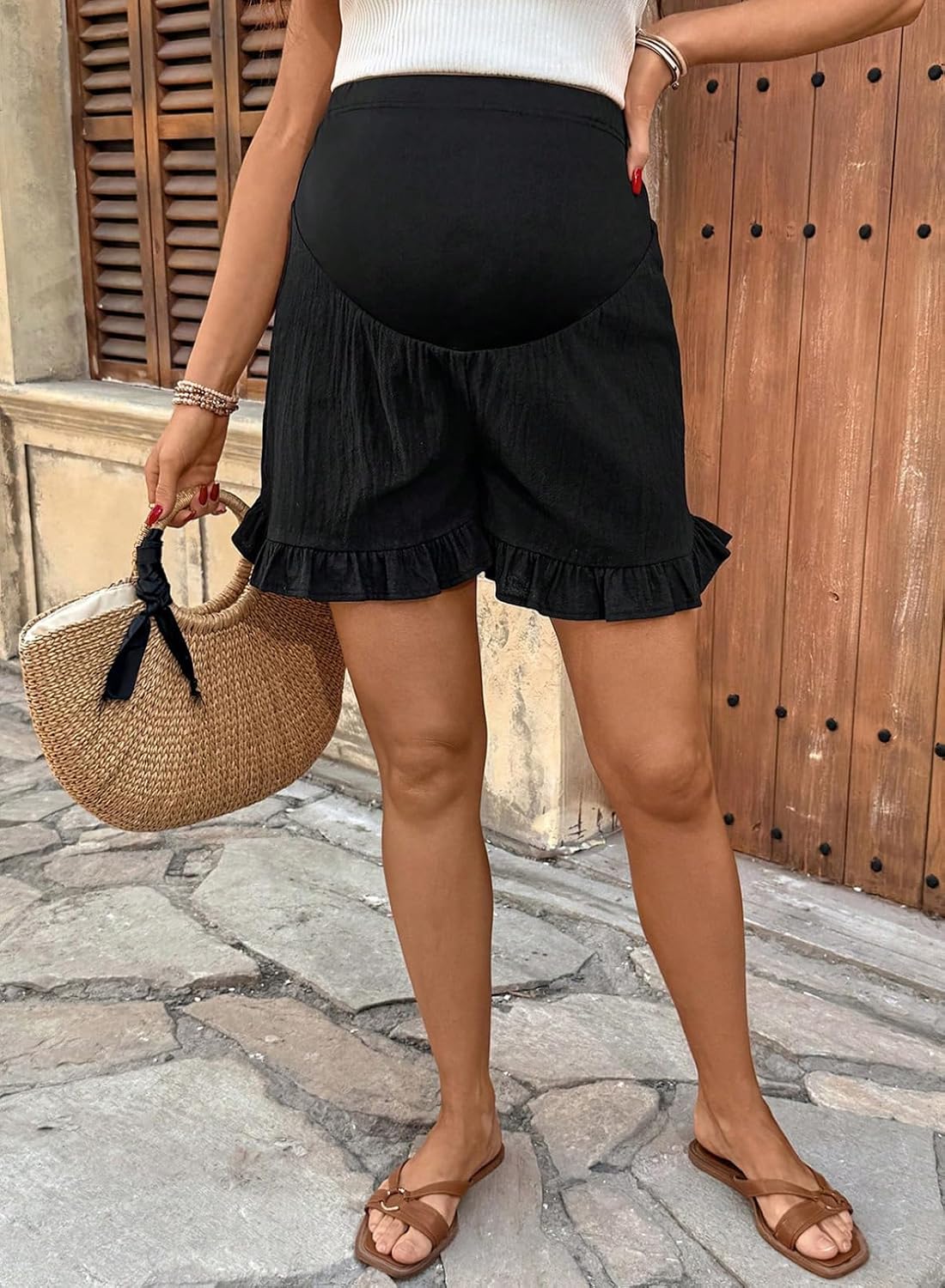 BLENCOT Maternity Shorts Over The Belly Ruffle Hem Stretchy Full Panel Pregnancy Postpartum Lounge Summer Casual