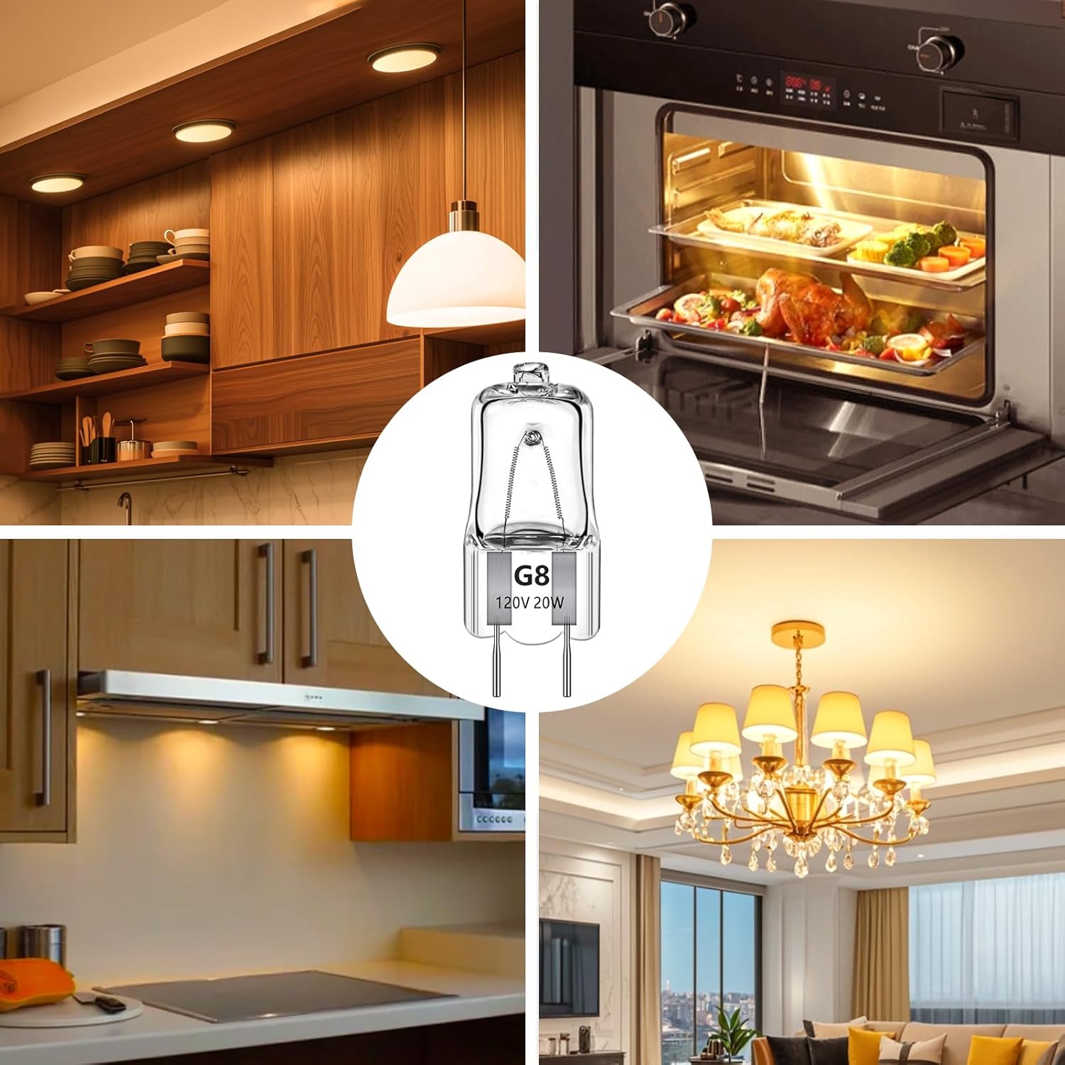 G8 Halogen Light Bulbs 20W Microwave Oven Light Bulbs Under Hood 120V 2800K Warm White Dimmable Heat Resistant, JCD Type 2 Pin Base G8 Under Cabinet Puck Lights, GE Oven Bulb Replacement(Pack of 12)