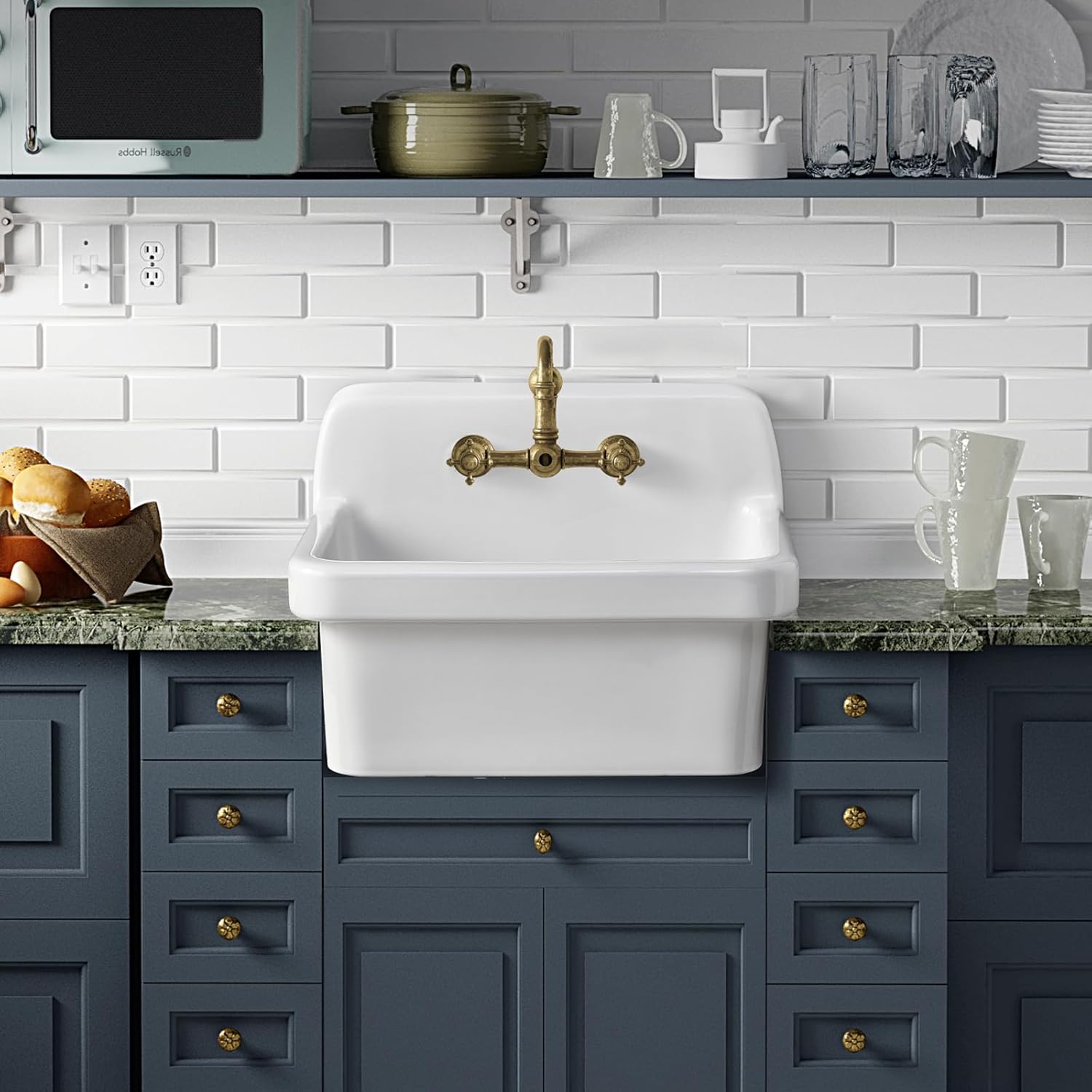 ELLAI 24 Inch White Ceramic Farm Style Wall Mount Utility Sink High Back Wall Mounted Laundry Tub 10 Gallon Farmhouse Sink Slop for Laundry Room, Garage, Kitchen, Bathroom 24" x 19" x 16.5"