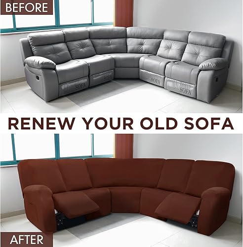 Miniatura 10 de Peryiter 7 fundas para sofá reclinable seccional en forma de L, fundas de sofá modular de 5 asientos, terciopelo de seda lechosa, funda elástica