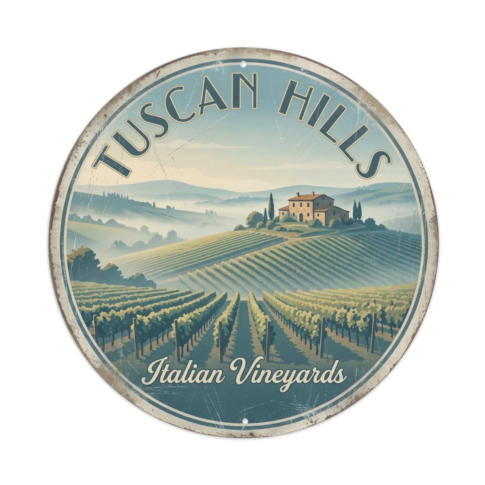 Vintage Travel Tuscan Hills Vineyards Metal Tin Sign Plaque Wall Decor for Cafe, Club Bar, Office, Home Garden Round Metal Poster 8x8Inch