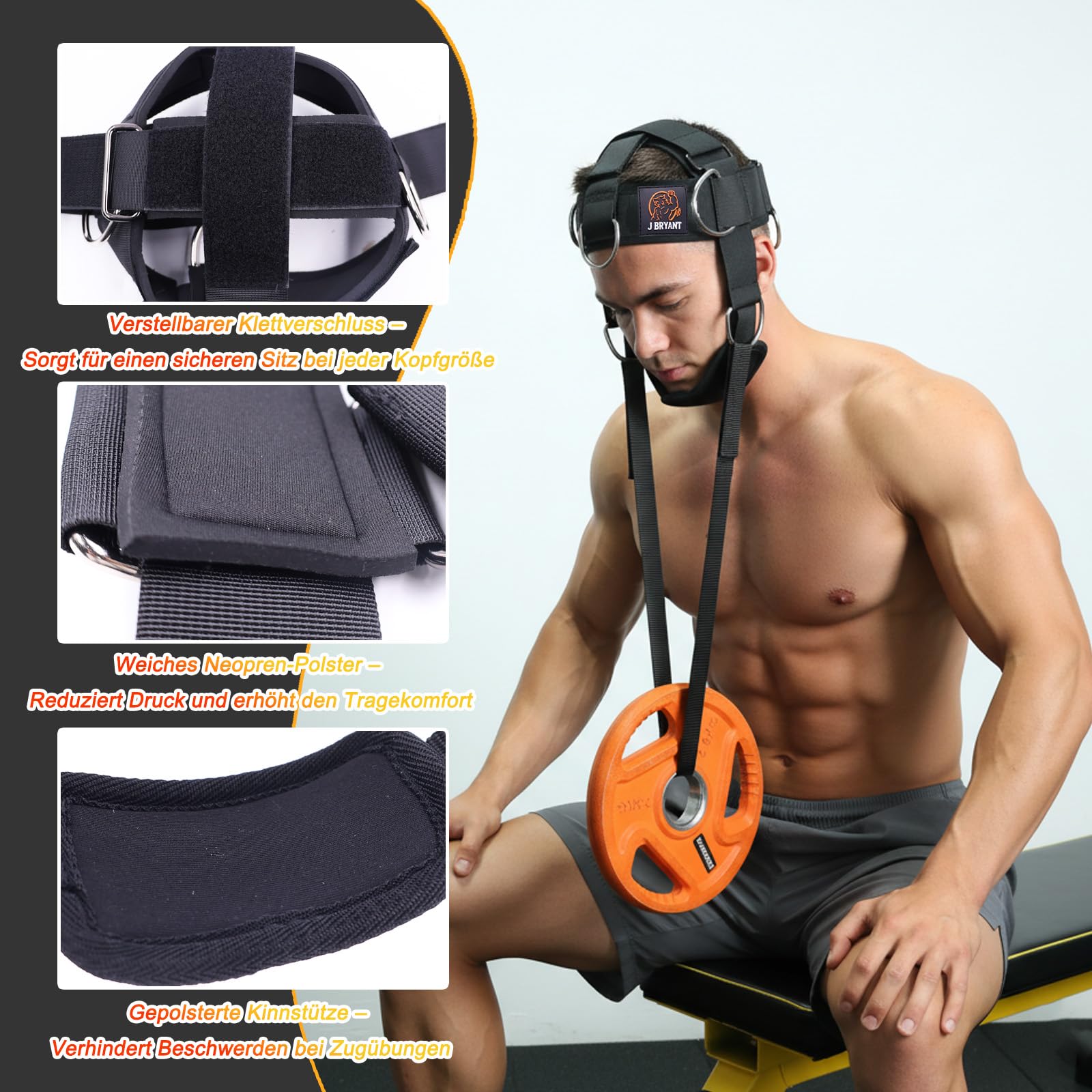 J Bryant Nackentrainer-Set mit Widerstandsband & Kinnpolster – Verstellbares Kopfgeschirr für 360° Krafttraining, D-Ringe für Seilzug & Bänder – Optional mit Stahlkette oder Seilzug-System